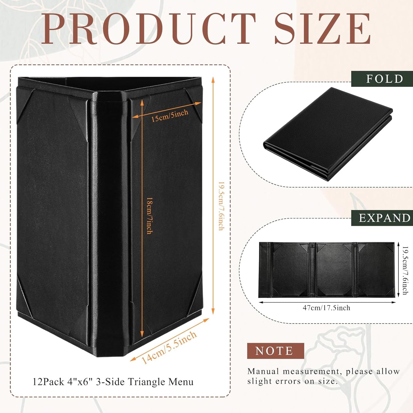 12 Pcs 5 x 7 Inch Triangle Menu Holders for Restaurant 3 Side Leatherette Table Tent Frame Menu Sign Cover Bulk for Restaurant Coffee Cafe Bar Wedding Drink Dessert