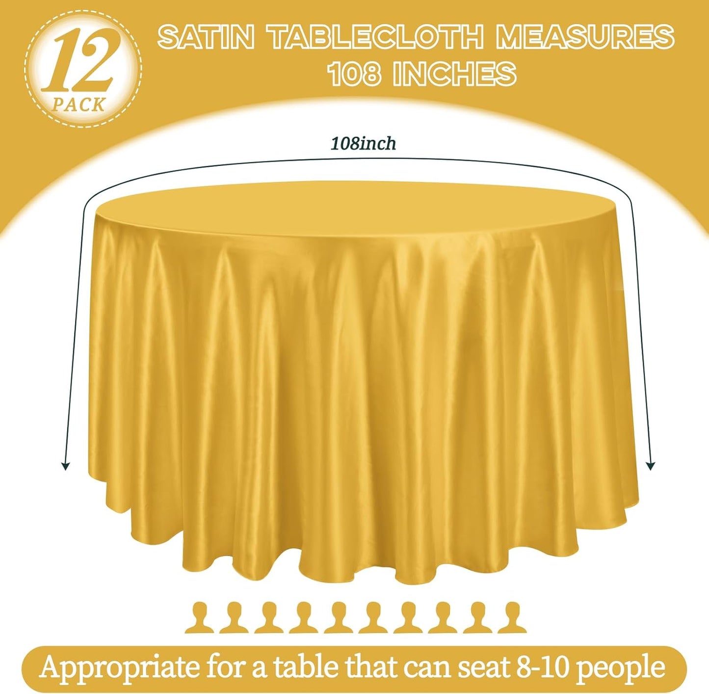 12 Pack 108 Inch Gold Satin Tablecloth - Silky Round Tablecloth Overlay Smooth Fabric Table Cover, Bright Table Decoration for Wedding Party Banquet Events Restaurant Kitchen Dining