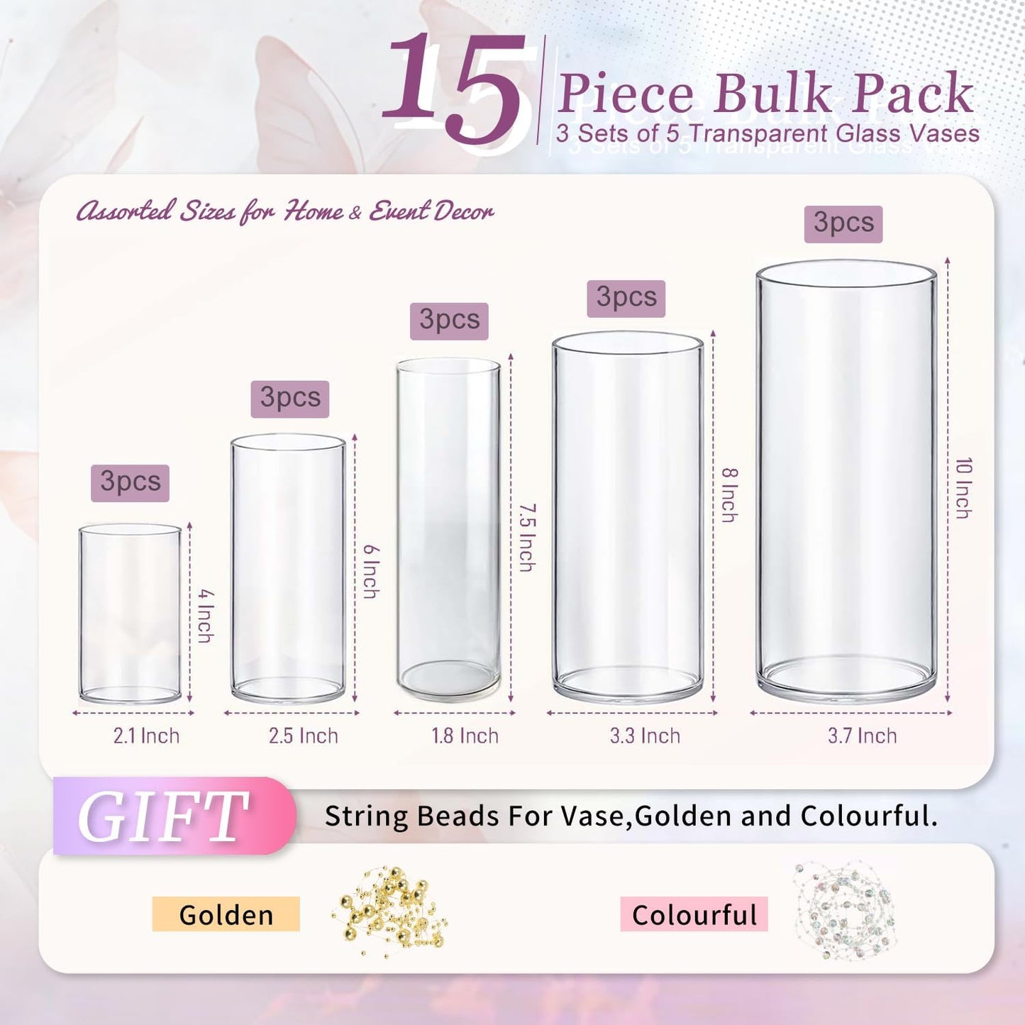 15pcs Glass Vase Cylinder Vases for Centerpieces Small Flower Glass Vases Home Decor Centerpiece Table Clear Flower Vase Decorations for Wedding＆Holiday 4,6,7.5,8,10 Inch Tall