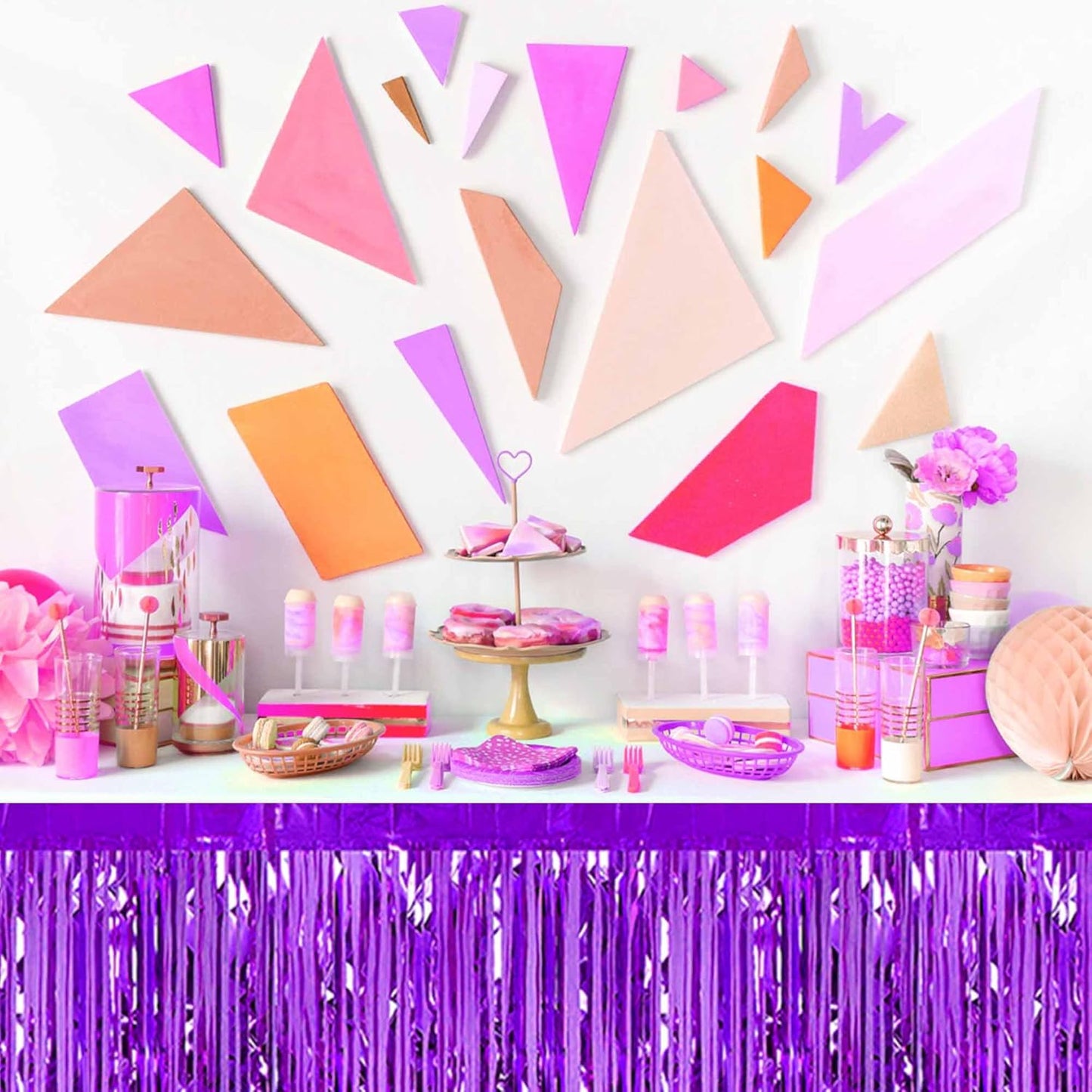 3 Pack 29 x108 Inch Purple Foil Fringe Table Skirts Metallic Banner for Tinsel Streamer Garland Backdrop for Parade Floats Mother's Day, Graduate, Birthday, Wedding Party Decoration