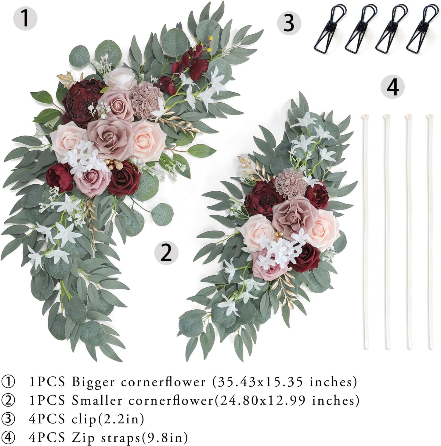 Ponatia Wedding Arch - Artificial Burgundy & Dusty Rose & Blush Flowers (Pack of 2) for Wedding Welcome Signs, Ceremony & Reception