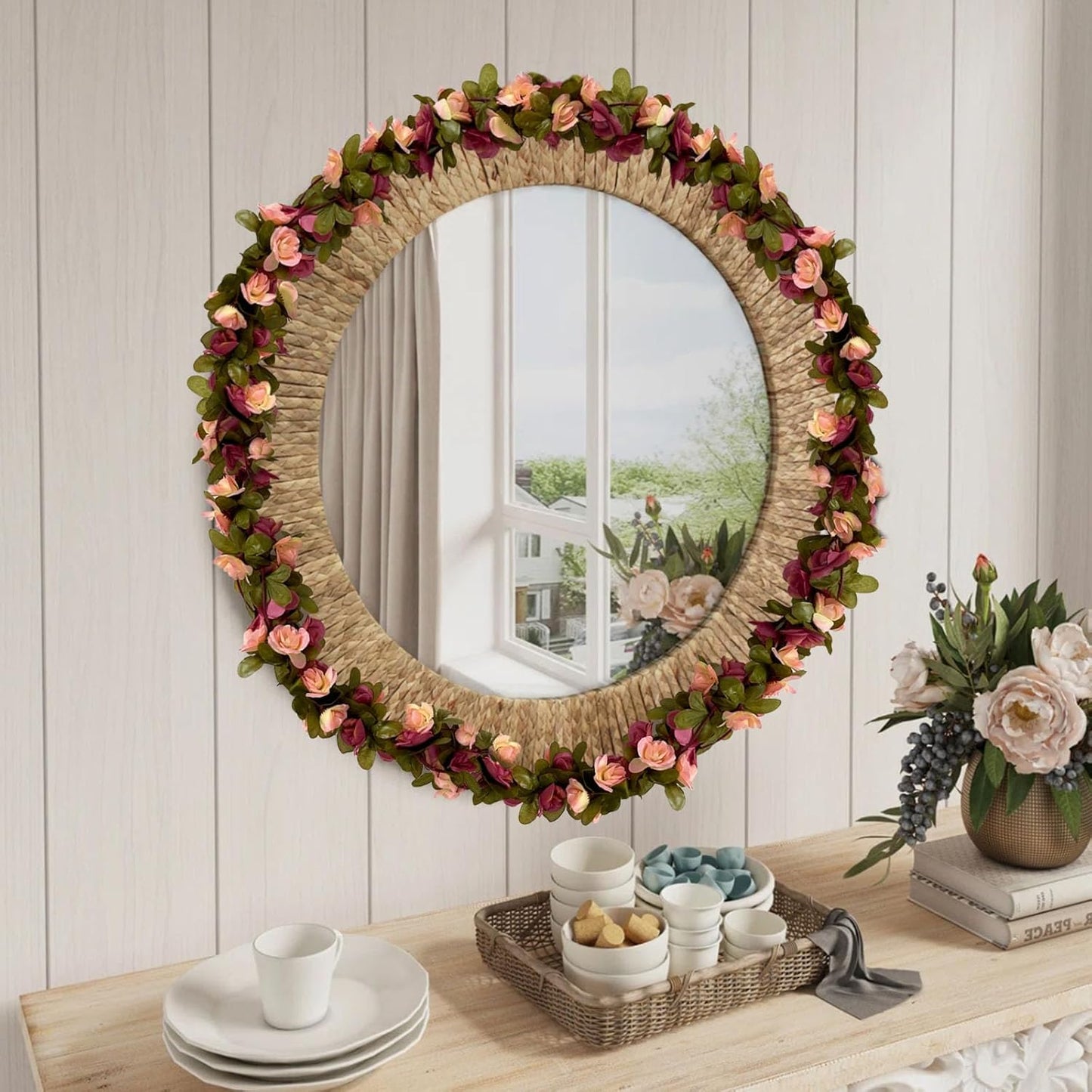 8Pcs 63Ft Dark Pink&Yellow Fake Rose Hanging Flowers, Artificial Flower Vine, Hanging Floral Vine Garland for Wedding, Wall Arch, Halloween, Christmas Garden Backdrop Decor