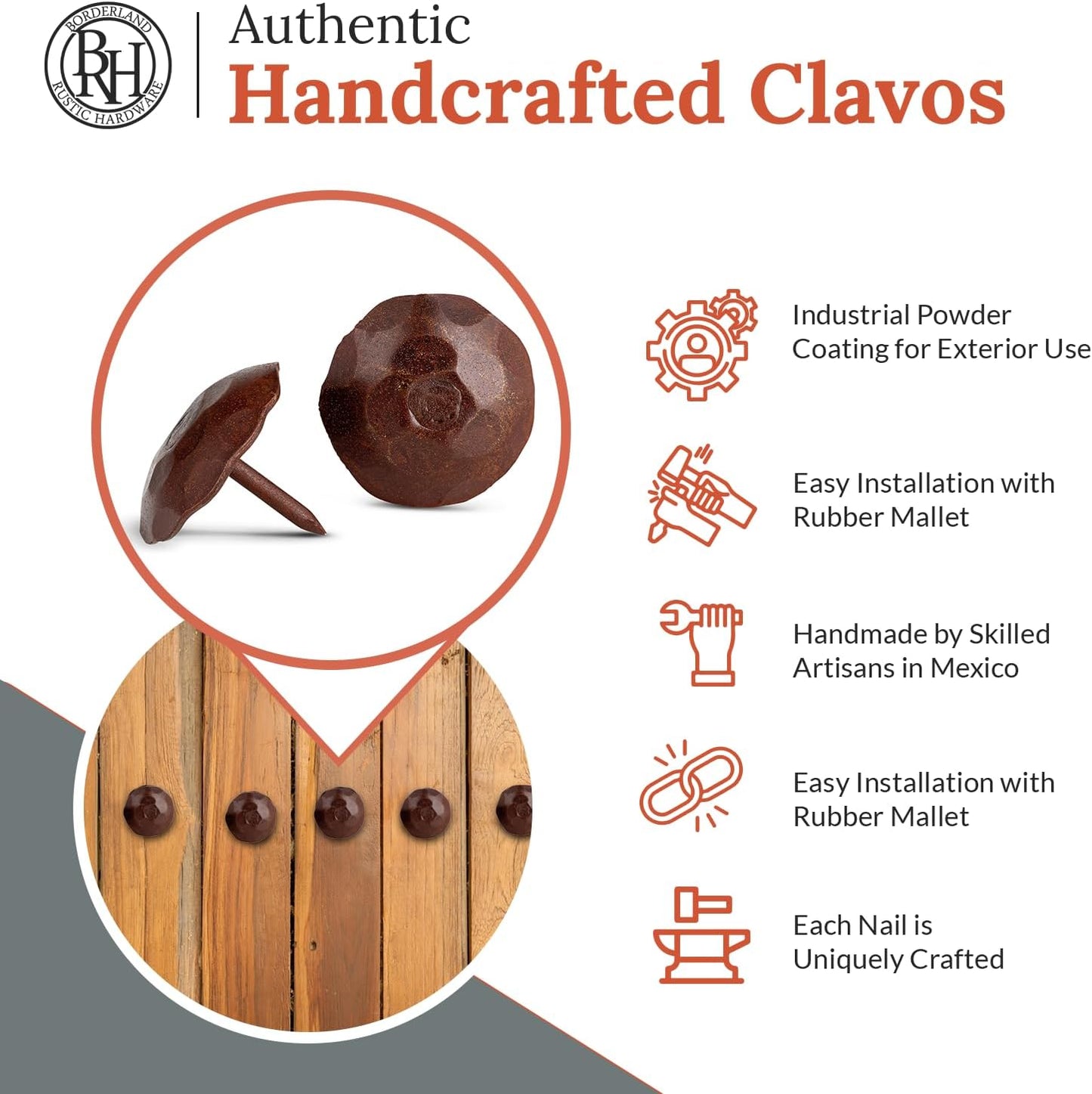 10 Pack 1.25" Round Head Iron Clavos Decorative Nails – Sealed Rusted – Handmade Rustic Round Fasteners for Farmhouse Shutters, Faux Wood, Barn Doors, Shutters, Gates – Ornamental Wood Accent