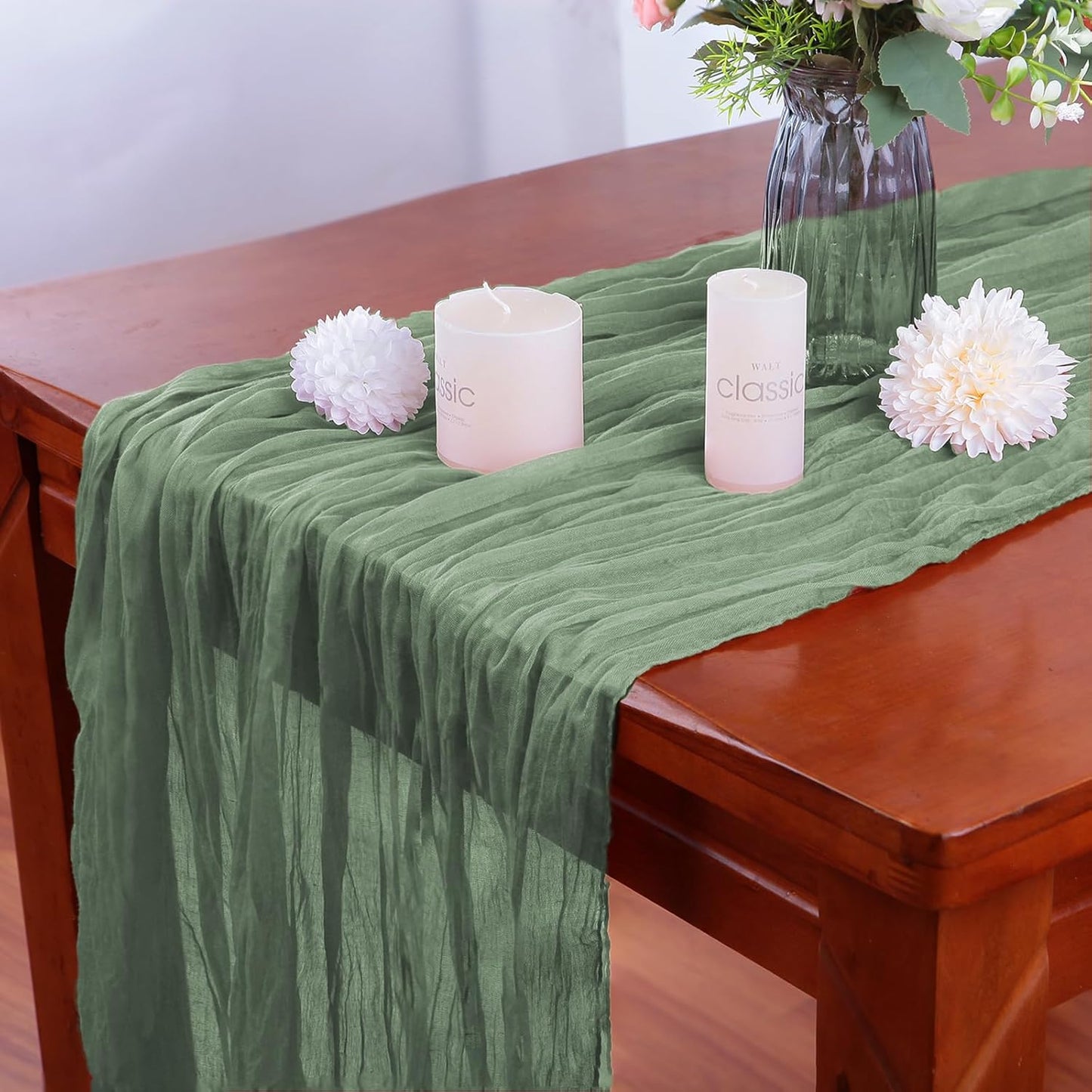 16PCS Sage Green Cheesecloth Boho Gauze Table Runner - 35x120Inch, Long, Rustic, Sheer for Wedding Party, Bridal Shower, Baby Table Decor