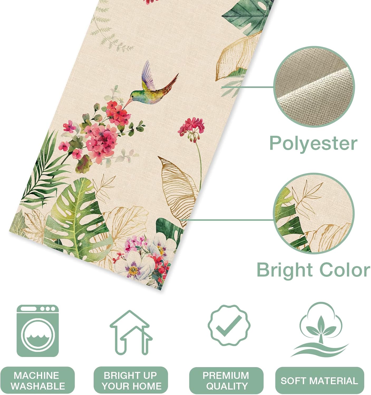 Seliem Summer Tropical Hummingbird Palm Leaf Greenery Table Runner, Spring Birds Home Kitchen Monstera Geranium Flowers Dining Decor, Seasonal Burlap Decorations Anniversary Party Supply 13 x 72 Inch