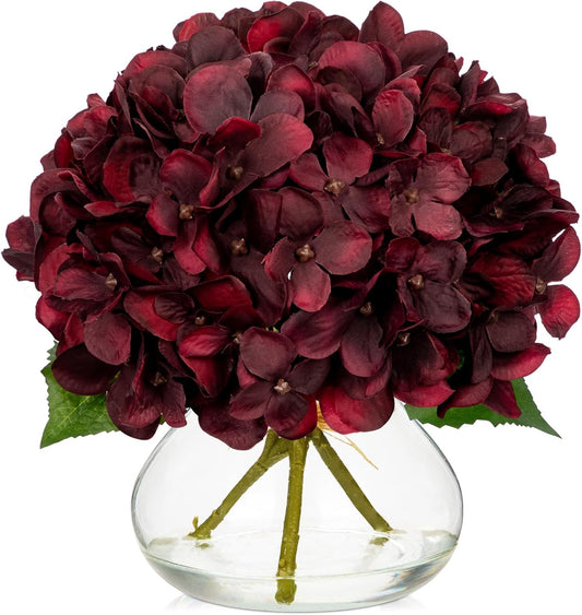 Hollyone Dark Red Fall Hydrangea Artificial Flowers for Decoration in Glass Vase Autumn Silk Faux Flower Arrangements with Faux Water Table Centerpiece Vase with Fake Flowers Fall Decorations for Home