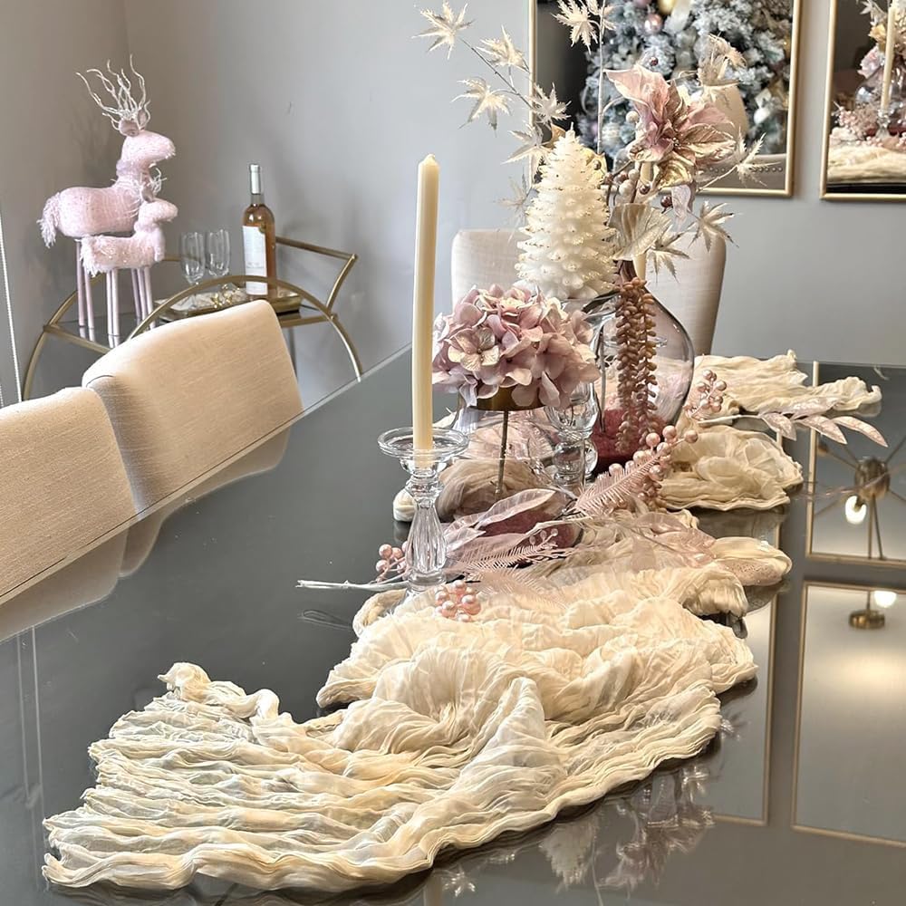 10ft Cream Beige Cheese Cloth Table Runner, 35x120 Inches Ivory Gauze Table Runner Rustic Cream Cheesecloth Table Runner Bulk for Wedding Bridal Shower Decoration, Boho Table Decor