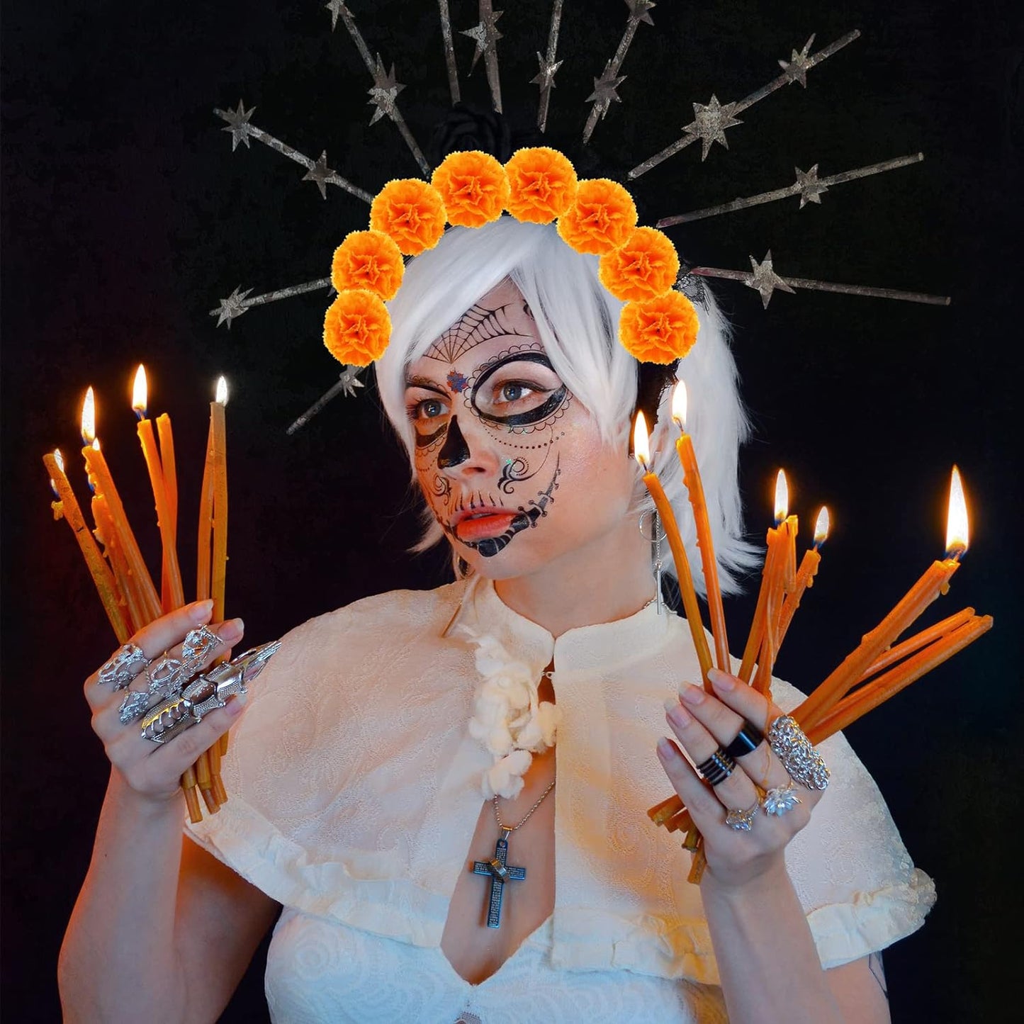 Hananona 50Pcs Artificial Marigold Flower Heads, Silk Marigold Heads Bulk Fake Flowers for Dia De Los Muertos Decor DIY Marigold Garland Day of The Dead Decorations