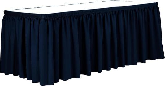 Ultimate Textile Pleat Polyester Fabric Table Skirt - Machine Washable Flame Resistant with Clips for Events, Weddings & Trade Shows, Cut & Sewn in Paterson, NJ - Navy, 17' Shirred Pleat