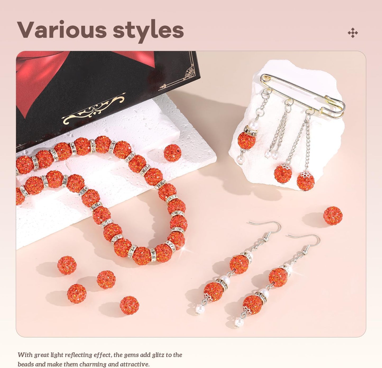 160pcs 10mm Rhinestone Beads for Jewelry Making, Orange Shiny Round Disco Ball Beads Bulk, Sparkle Crystal Clay Christmas for Bracelet Baseball Necklace Earring Crafting and DIY