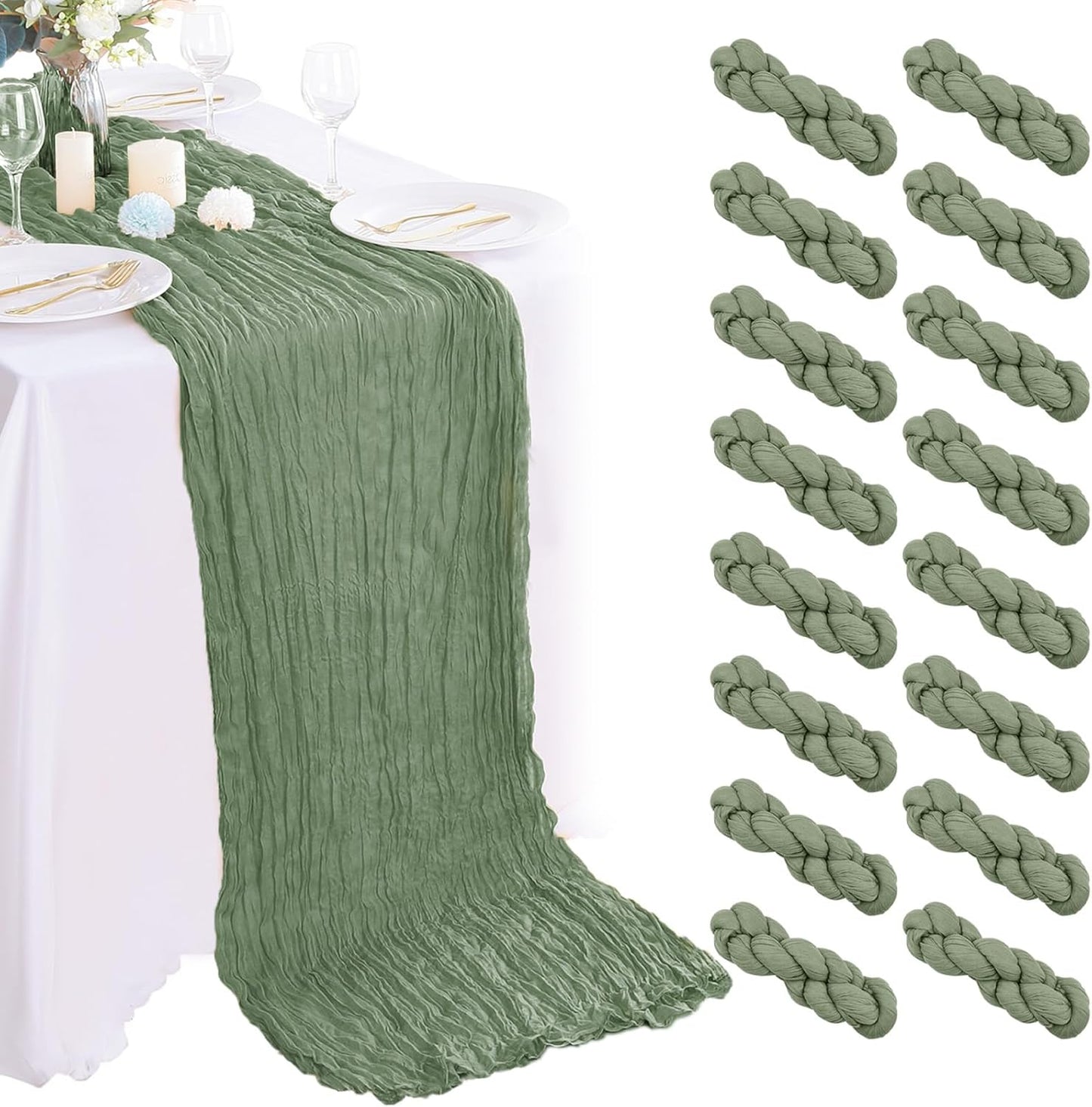 16PCS Sage Green Cheesecloth Boho Gauze Table Runner - 35x120Inch, Long, Rustic, Sheer for Wedding Party, Bridal Shower, Baby Table Decor