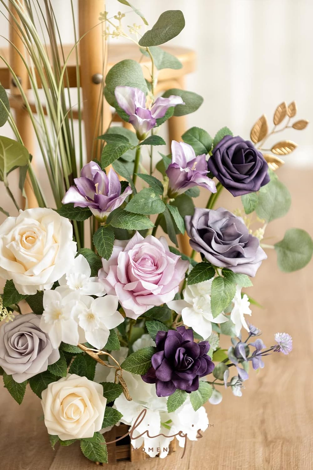 Ling's Moment 17.5" Tall Standing Artificial Flowers Arrangements 4 pcs Wedding Aisle Runner Chair Decorations Lilac & Gold Centerpieces for Ceremony Reception Rose Floral Party Outdoor Decor