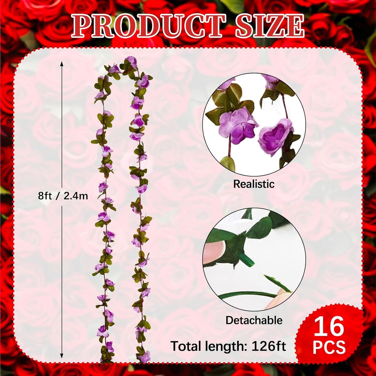 16Pcs 126Ft Light Purple Rose Garland, Fake Rose Hanging Flowers, Artificial Flower Vine, Hanging Floral Vine Garland for Wedding, Birthday Party, Wall Arch, Halloween, Christmas Garden Backdrop Decor