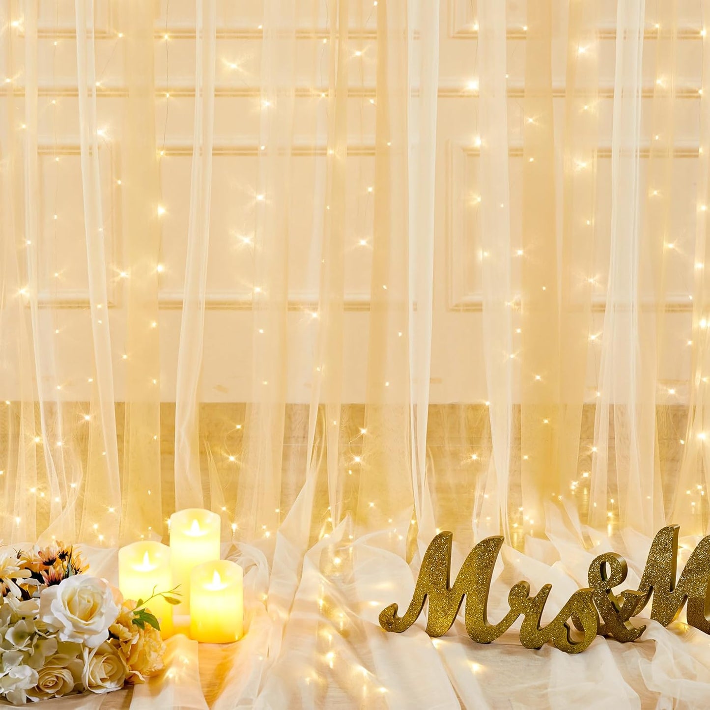 10ft x 8ft Champagne Sheer Tulle Backdrop Curtains with Lights String Wedding Backdrop for Reception Ceremony Birthday Party Baby Shower Photo Booth Background Decoration