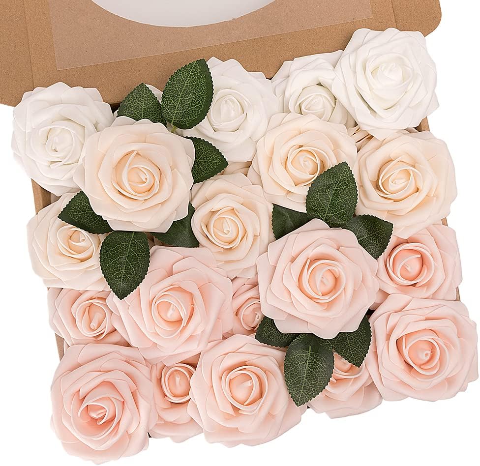N&T NIETING Artificial Flowers, 25Pcs Fake Rose Flowers Roses for DIY Wedding Bouquets Centerpieces Bridal Shower Party Home Flower Arrangement Decorations, Series Blush Pink