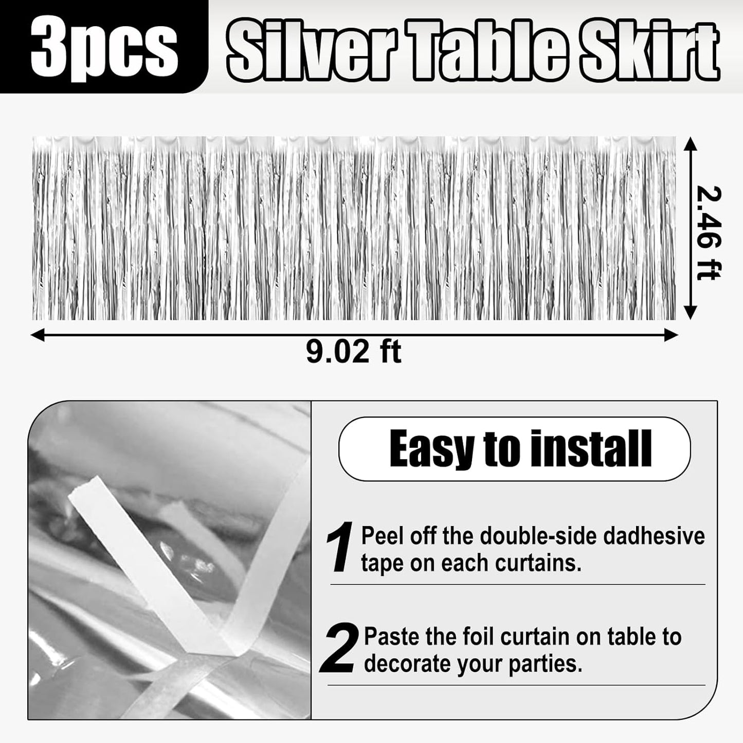 3 Pack 29x108 Inch Silver Foil Fringe Table Skirts Metallic Banner for Tinsel Streamer Garland Backdrop for Parade Floats Wedding Thanksgiving Birthday Christmas Halloween Party Decoration