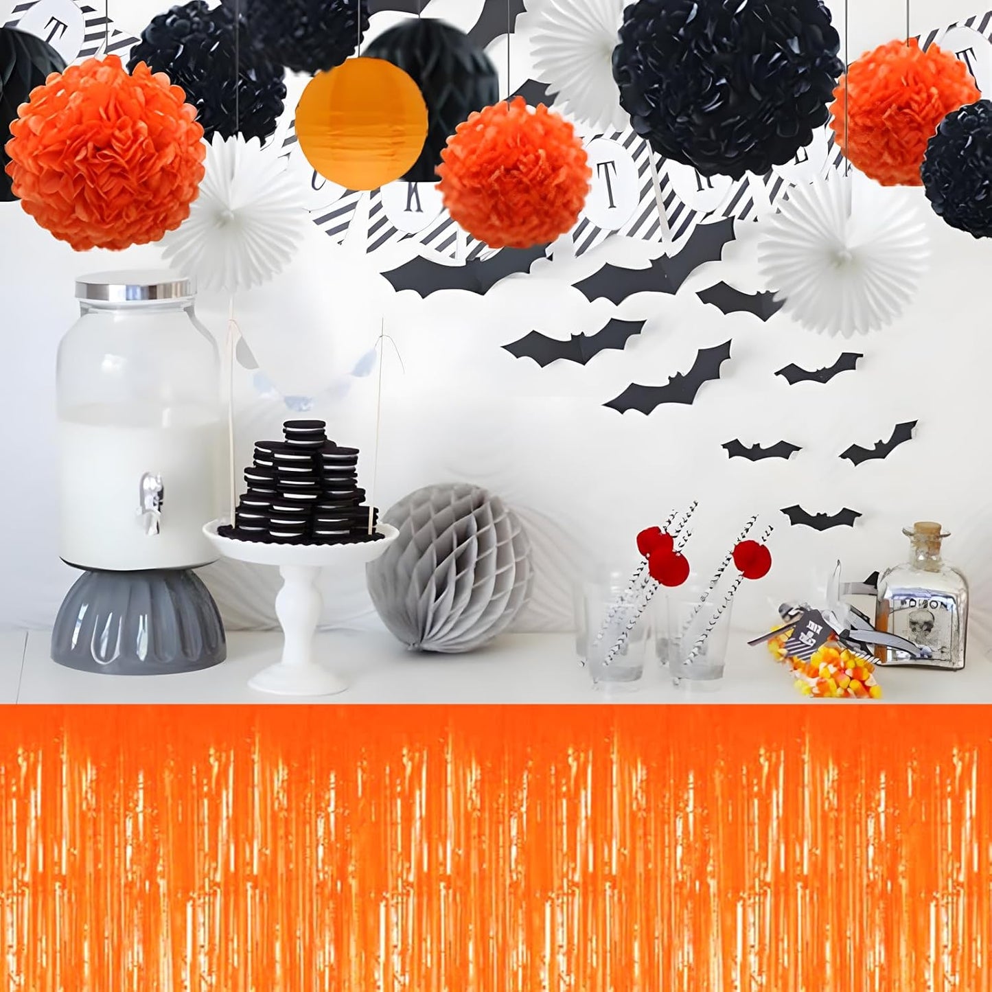 3 Pack 29x108 Inch Macaron Orange Foil Fringe Table Skirts Metallic Banner for Tinsel Streamer Garland Backdrop for Parade Floats Wedding Thanksgiving Birthday Christmas Halloween Party Decoration