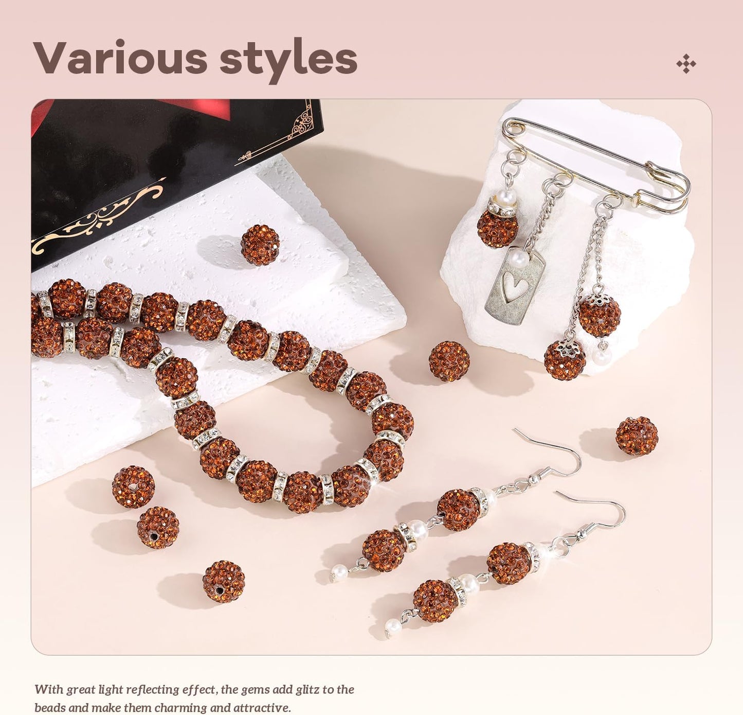 105pcs 10mm Rhinestone Beads for Jewelry Making, Brown Shiny Round Disco Ball Beads Bulk, Sparkle Crystal Clay Christmas for Bracelet Baseball Necklace Earring Crafting and DIY