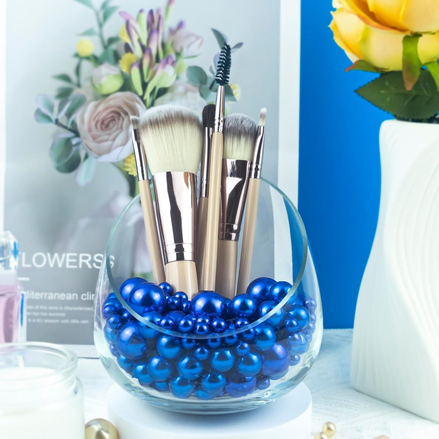 150Pcs Dark Blue Polished No Hole Faux Pearl Beads for Vase Filling Decorations, Plastic Pearls Vase Fillers, Table Scatters, Wedding Centerpiece, Home Decor, 8/14/20 mm