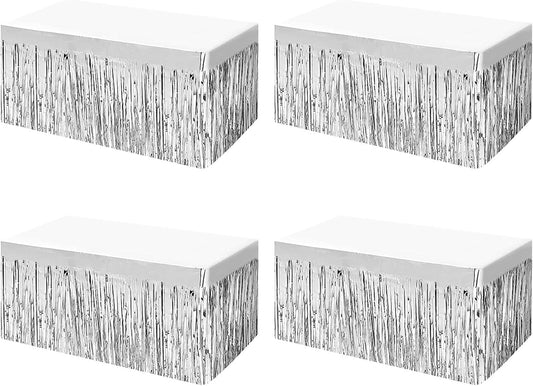 4 Pack Metallic Foil Fringe Tinsel Table Skirts,29x108 Inch Party Disposable Table Skirt Banner for Hotel Banquet Parade Floats Mardi Gras Holiday Birthday Wedding New Year Party Decoration(Silver)