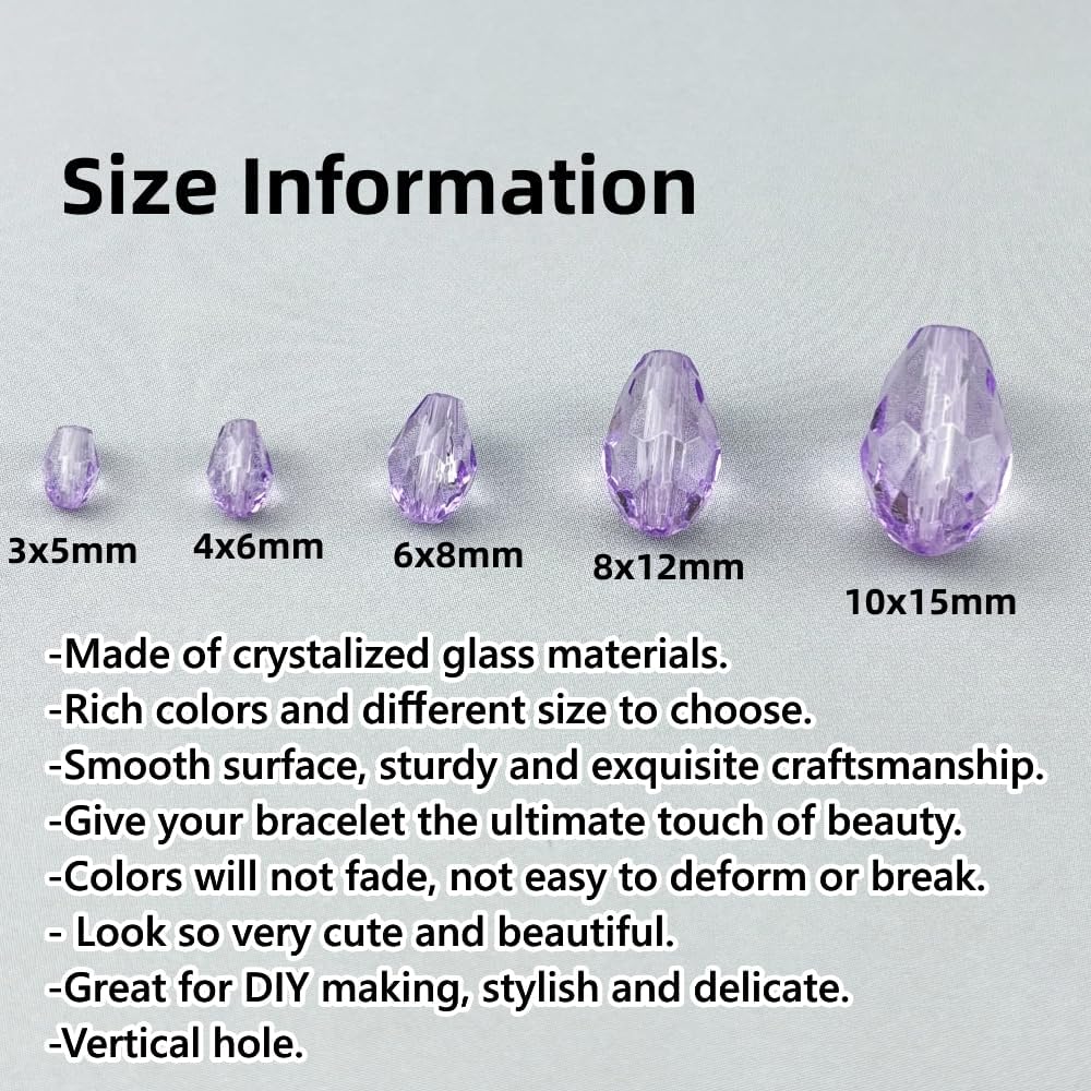 130pcs 6x8mm Teardrop Crystal Glass Beads for Jewelry Making, Faceted Vertical Hole Teardrop Glass Spacer Beads for Wind Chimes Bracelet Earring Necklace DIY Craft(Crystal Purple)