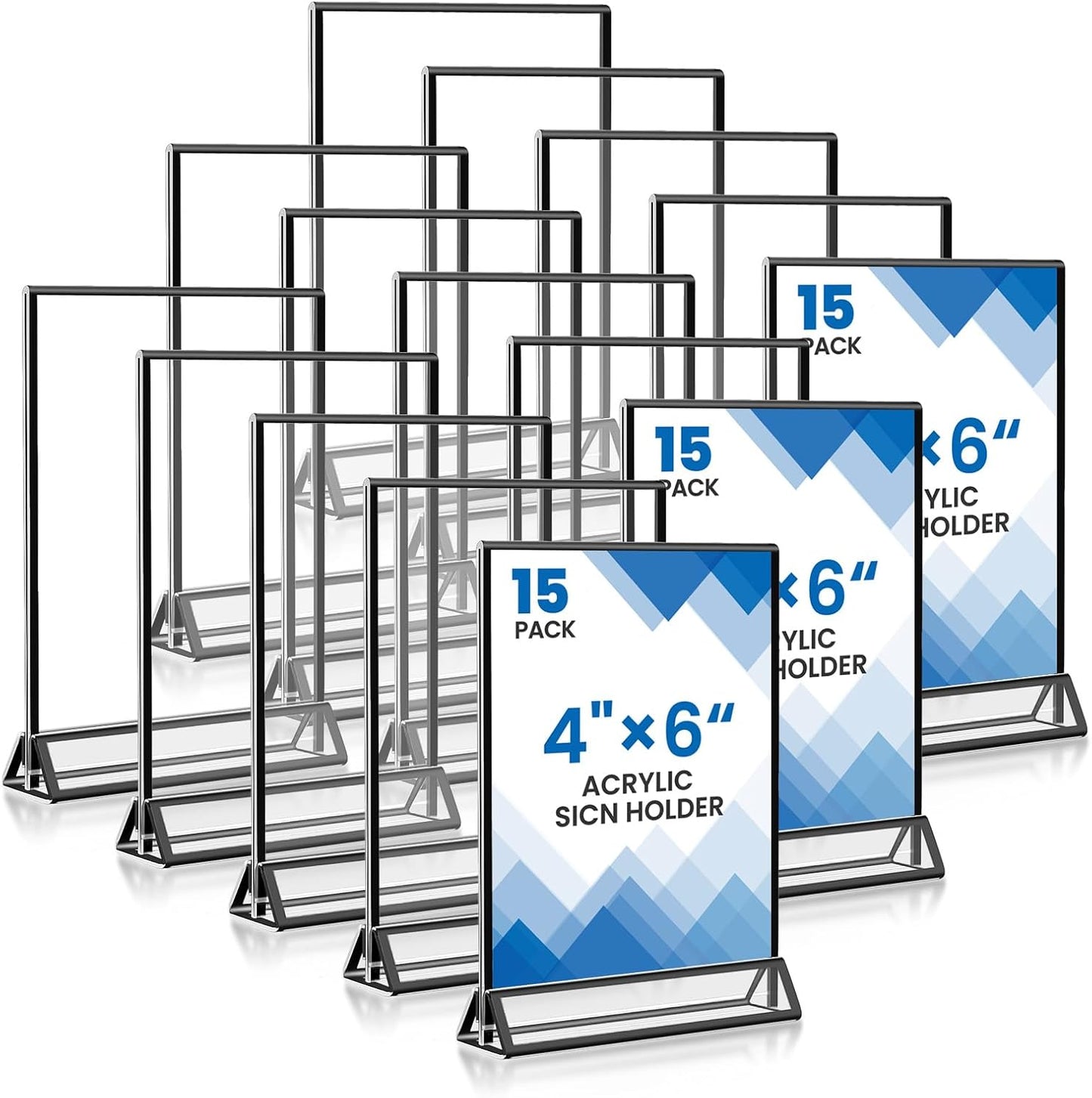 15 Pack Acrylic Sign Holder 4x6, Wedding Black Frame Table Number Holders Vertical, Clear Picture Frames Flyer Stands Tables Menu Holder, Double Photo Paper Display Holder for Party, Home, Office