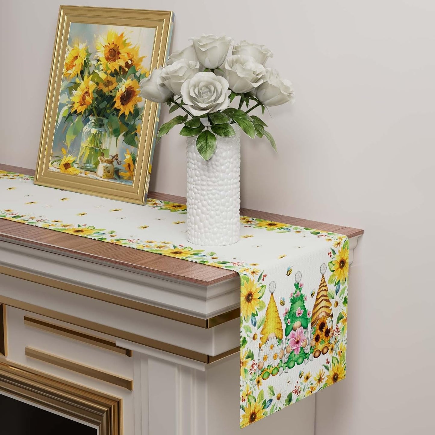 XCHI Yellow White Daisies Flowers Gnomes Spring Table Runner Burlap Table Decoration for Summer Seasonal Home Kitchen Dining Dinner Indoor Holiday Farmhouse Decor 13x120 Inch