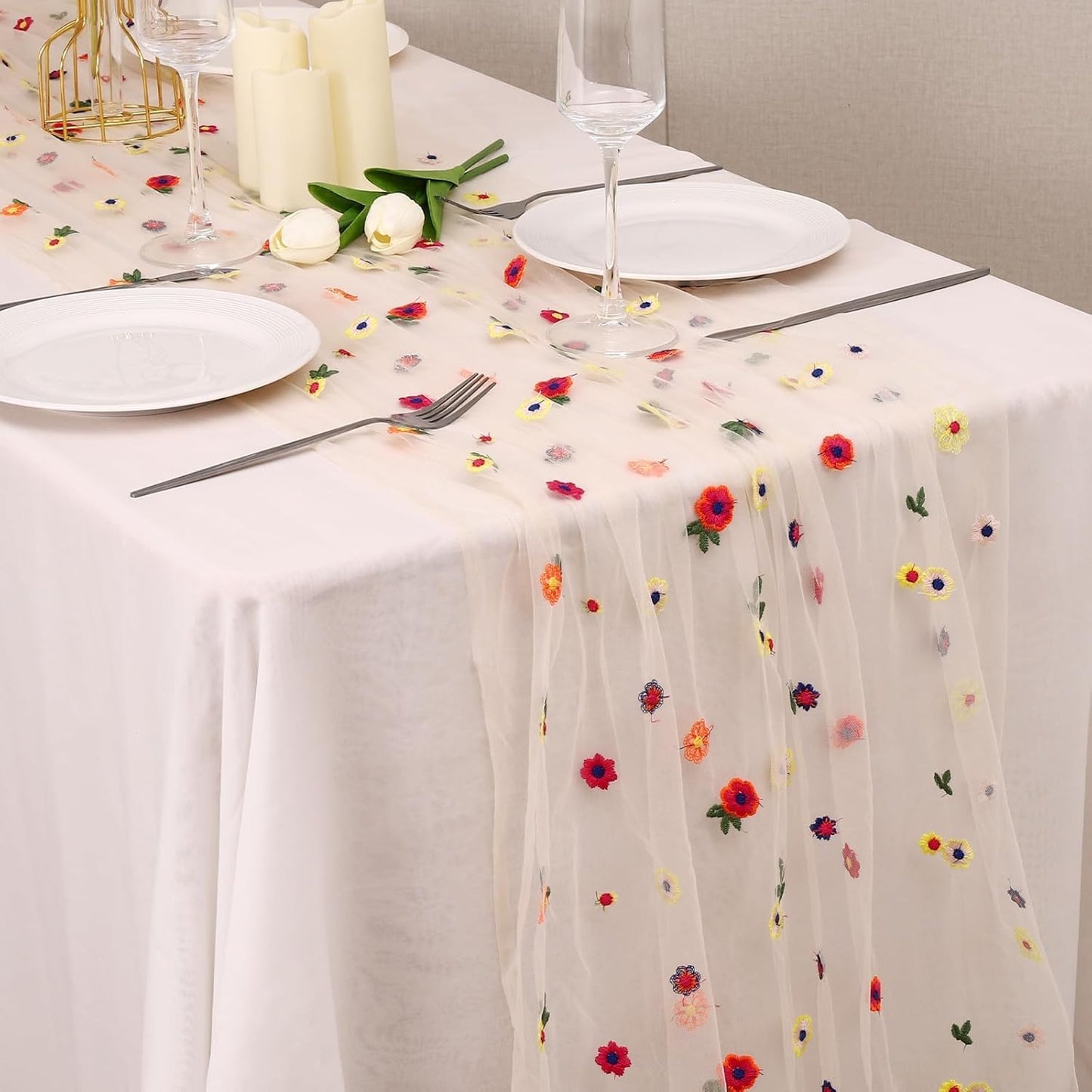 Champagne Floral Table Runner 10 FT, Embroidery Daisy Table Runners Seasonal Sheer Tulle Table Runner for Thanksgiving Wedding Birthday Baby Shower Party ﻿