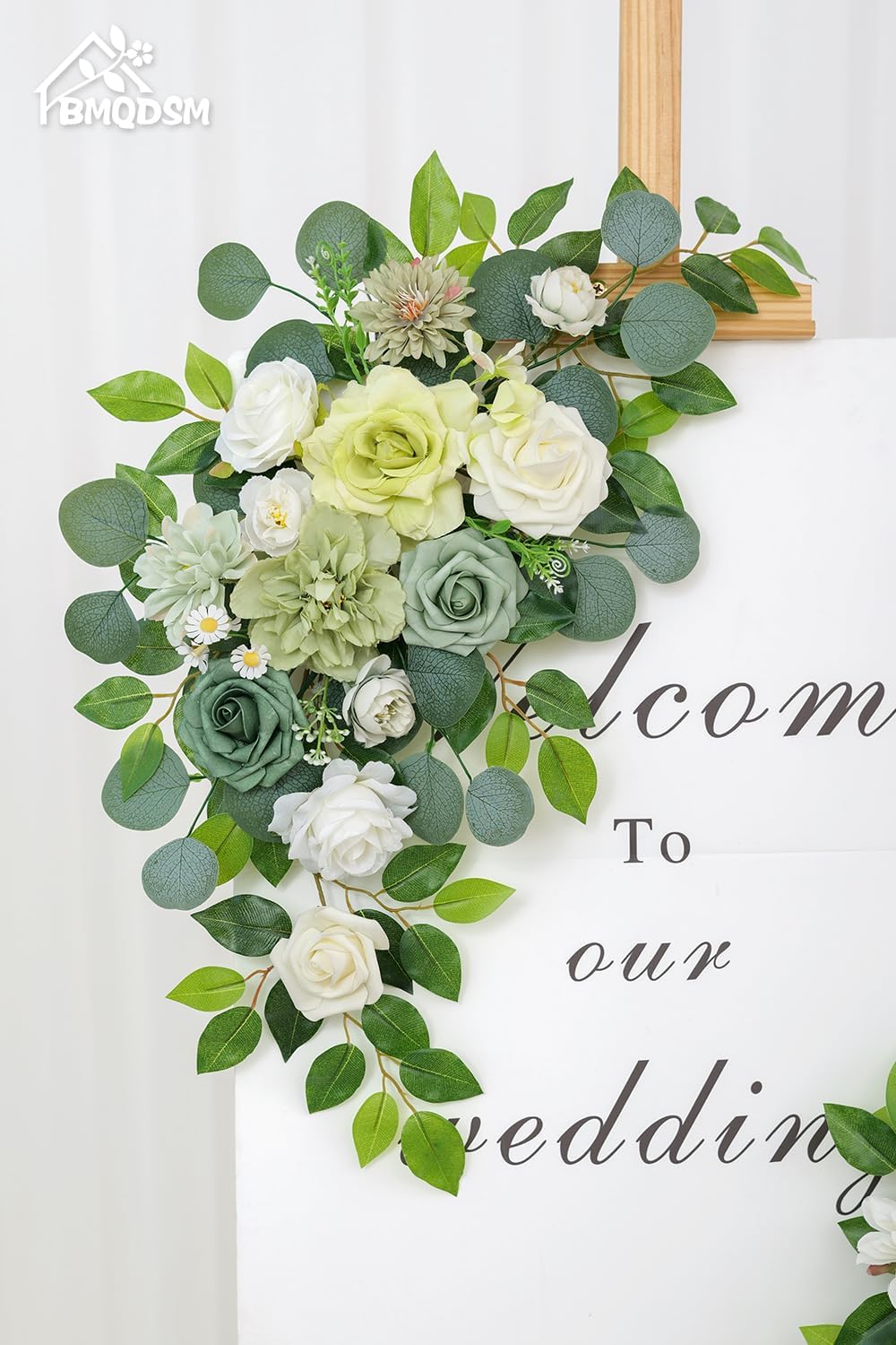 Pack of 2 Artificial Flowers for Backdrop Decoration, Wedding Arch Flowers,Reception Welcome Sign, Eucalyptus Garland, Suited to Aisle Decor and Wedding Arches（White Green）