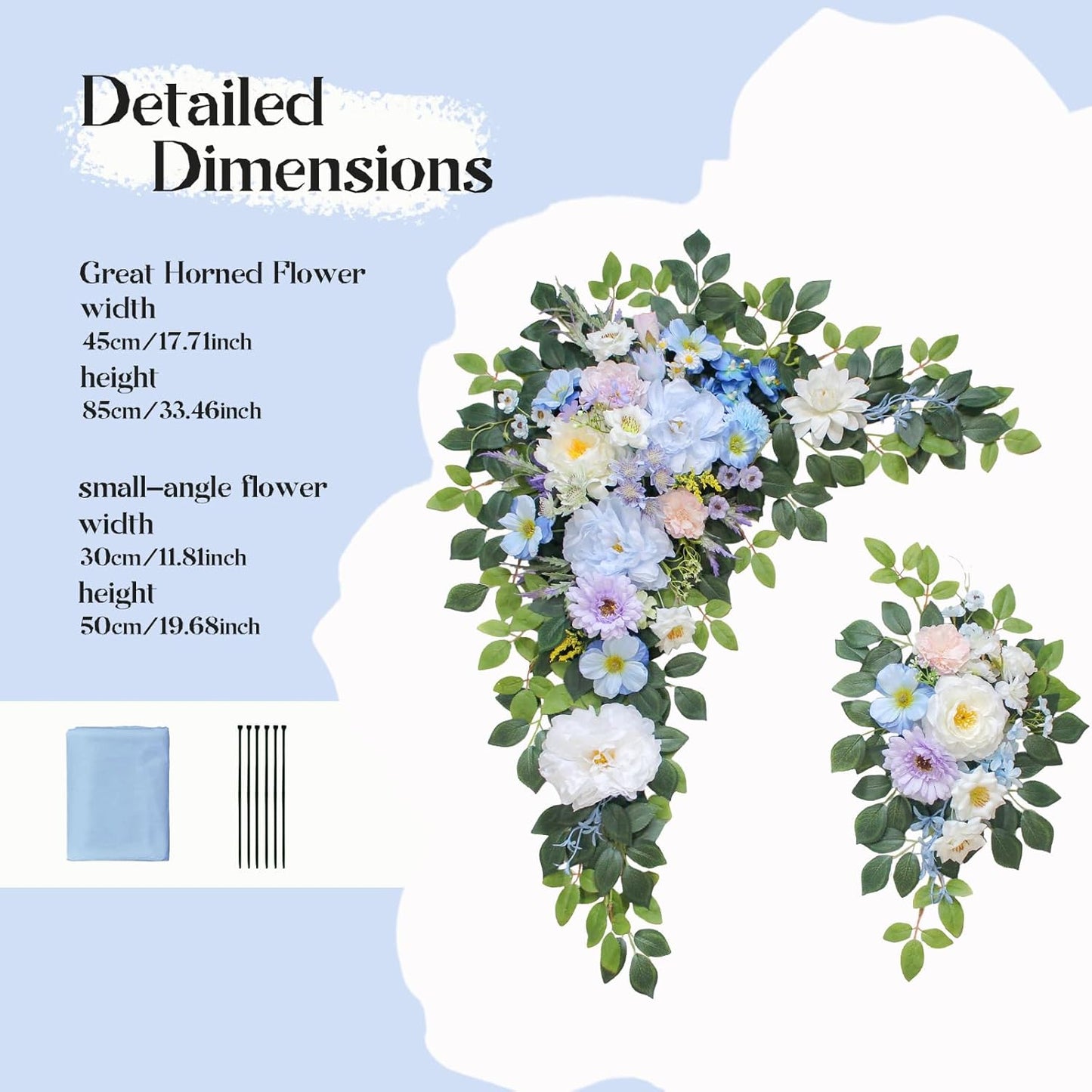 Wedding Arch Flowers Kit,Artificial Flower Arch Decor (Set of 3),2pcs Artificial Flower Arrangement with 1pc Sheer Drape for Wedding Decor Reception Backdrop Floral Decorations (Sky Blue)