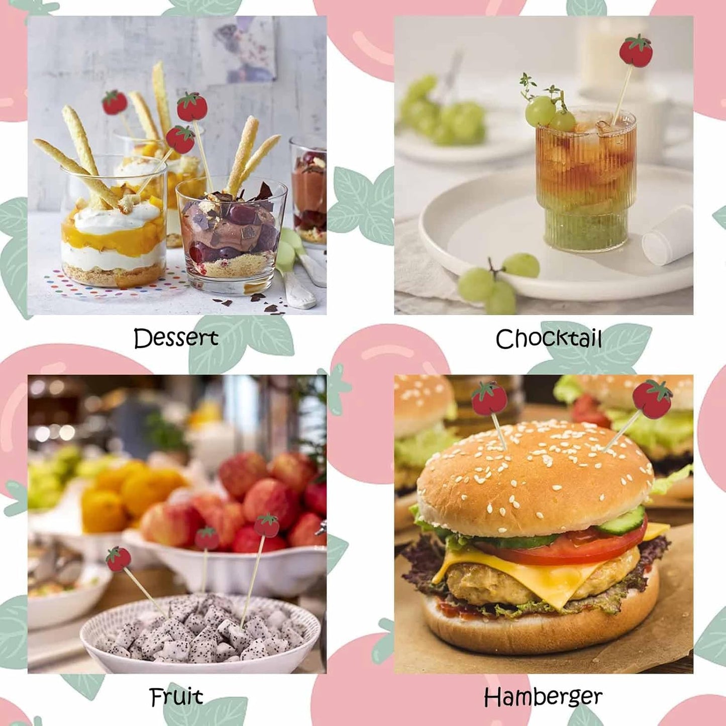 120 Pcs Tomato Cocktail Picks 4.7" Drinks Fruits Hawaiian Party Food Garnish Skewer Sticks Halloween Decorations Supplies Cowboy Handmade Bamboo Toothpicks