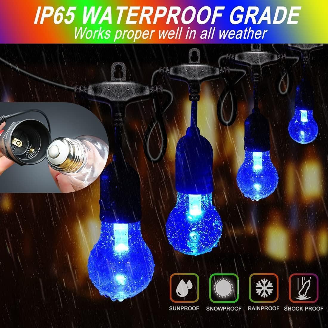 105FT Solar Outdoor String Lights, 32 Shatterproof E26 Edison LED Bulbs, Dimmable RGB Color Changing Patio Lights Waterproof with Remote. for Backyard, Garden, Party, Bistro, Cafe