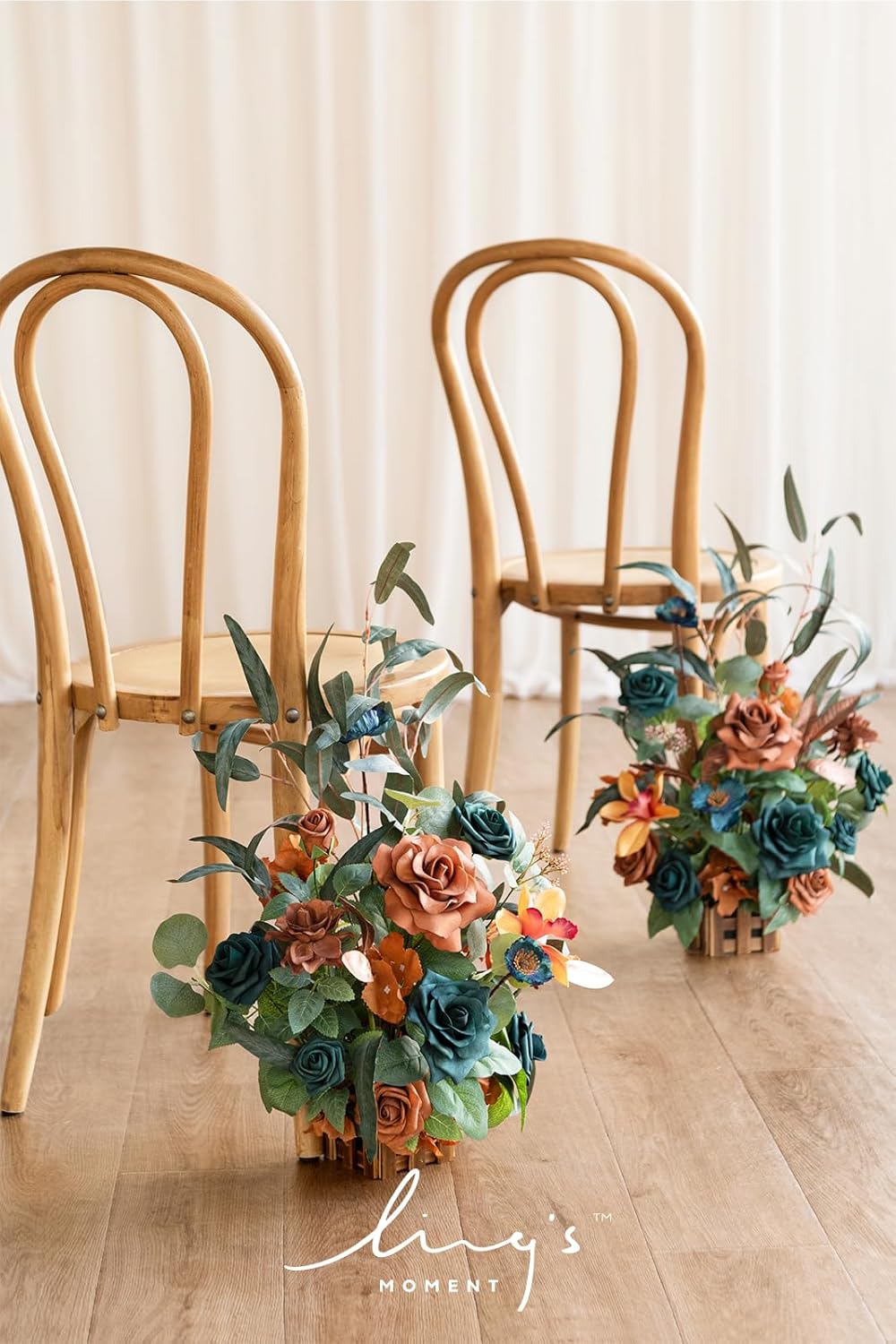 Ling's moment 17.5" Tall Standing Artificial Flowers Arrangements 4pcs Fall Wedding Aisle Runner Chair Decorations Teal Burnt Orange Centerpieces Ceremony Reception Rose Floral Party Outdoor