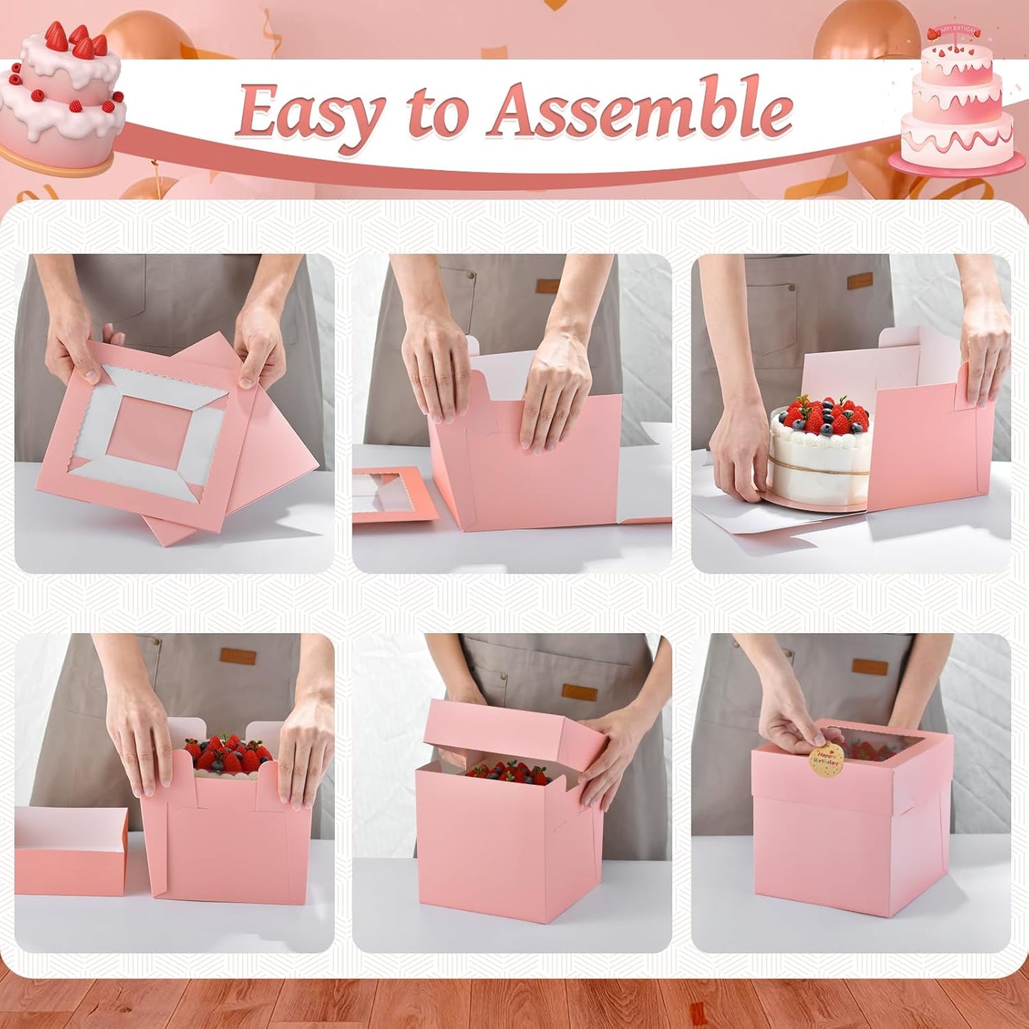 12Pcs Cake Boxes, 12x12x8 Inches Tall Bakery Boxes with Window, Large Pink Disposable Tier Cake Containers for Pastries, Pie, Cookies, Chocolates, Cupcakes, Birthday Party Dessert Boxes