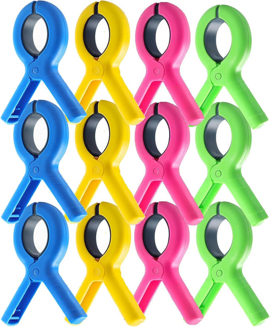 12 Pcs Beach Towel Clips for Beach Chairs, 3.7 Inch Clothes Pins for Cruise & Pool, Windproof Chair Clips for Towel Holder, 4 Colors
