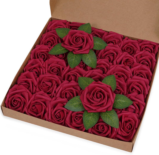 BLEUM CADE 36Pcs Artificial Flowers Fake Roses with Stems, Burgundy Boxed Foam Roses for DIY Bouquets Centerpieces Wedding Party Arrangement Bridal Shower Decor