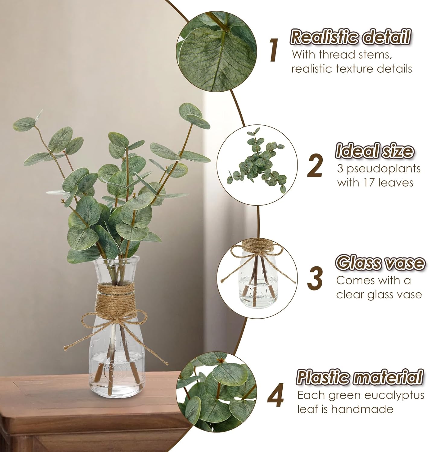 Artificial Eucalyptus Stems in Glass Vase Decorative Greenery Artificial Plant with Double Sided Green Eucalyptus Leaves for Home Office Decor (Green)