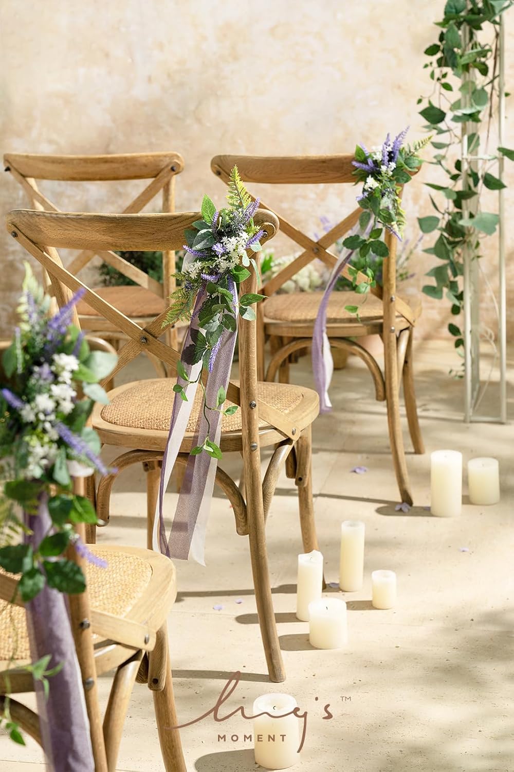 Ling's moment 8pcs Wedding Artificial Aisle Pew Flowers Chair Decorations Arrangements with Chiffon Ribbons Lavender Purple for Ceremony Chair Back Floral Decor Reception Church Party Outdoor