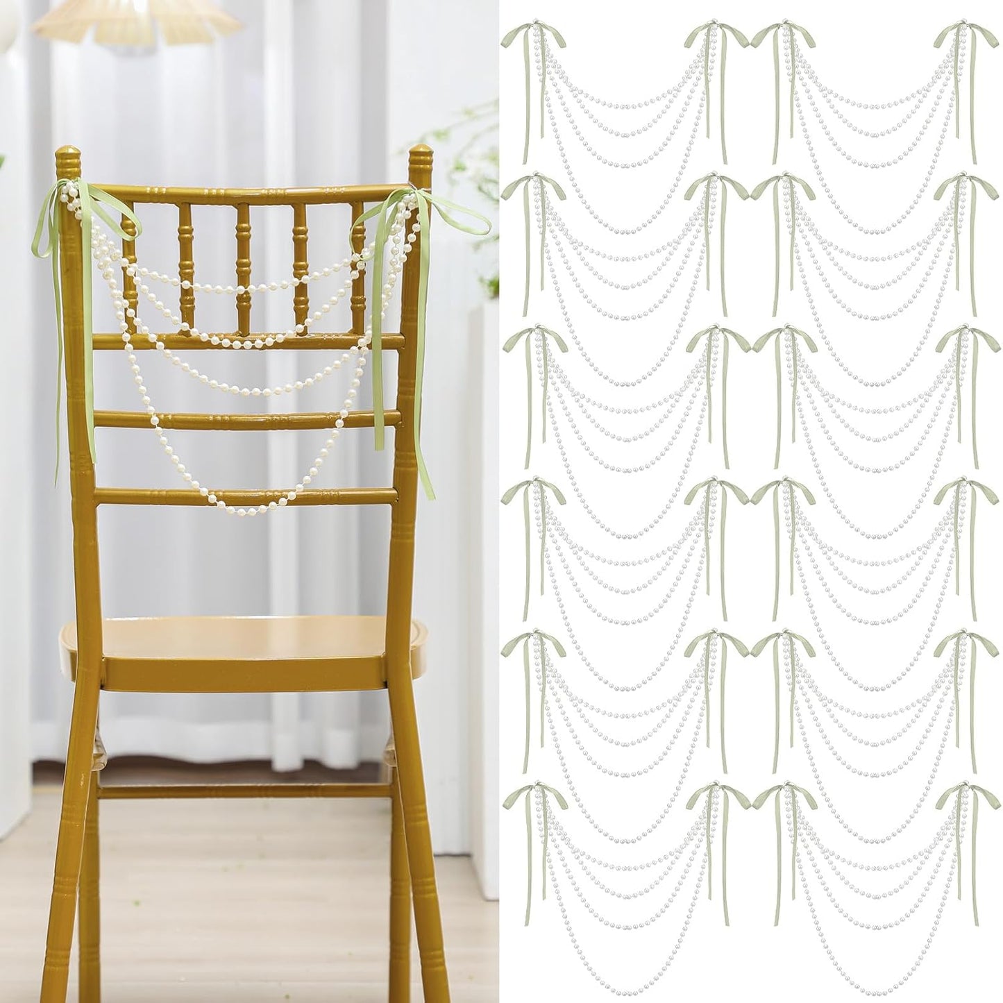 16 Pcs Wedding Pearl Bow Chair Decor Satin Ribbon Bows with Pearl Beaded String Garland Aisle Chair Sashes Decorations for Ceremony Coquette Party Banquet Decor (Sage Green)