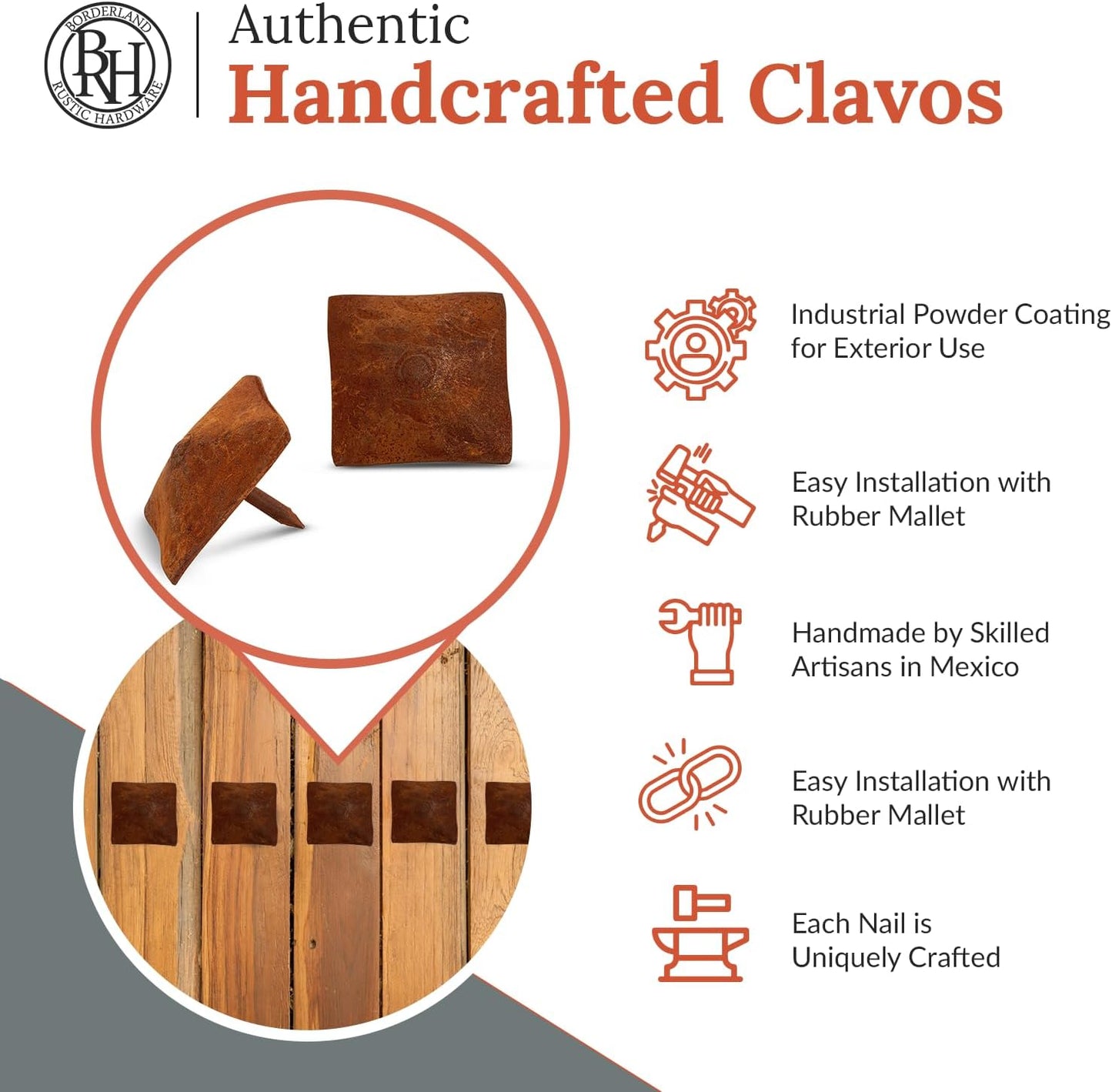100 Pack 1.25" Square Head Iron Clavos Decorative Nails – Rusted – Handmade Rustic Square Fasteners for Farmhouse Shutters, Faux Wood, Barn Doors, Shutters, and Gates – Ornamental Wood Accent