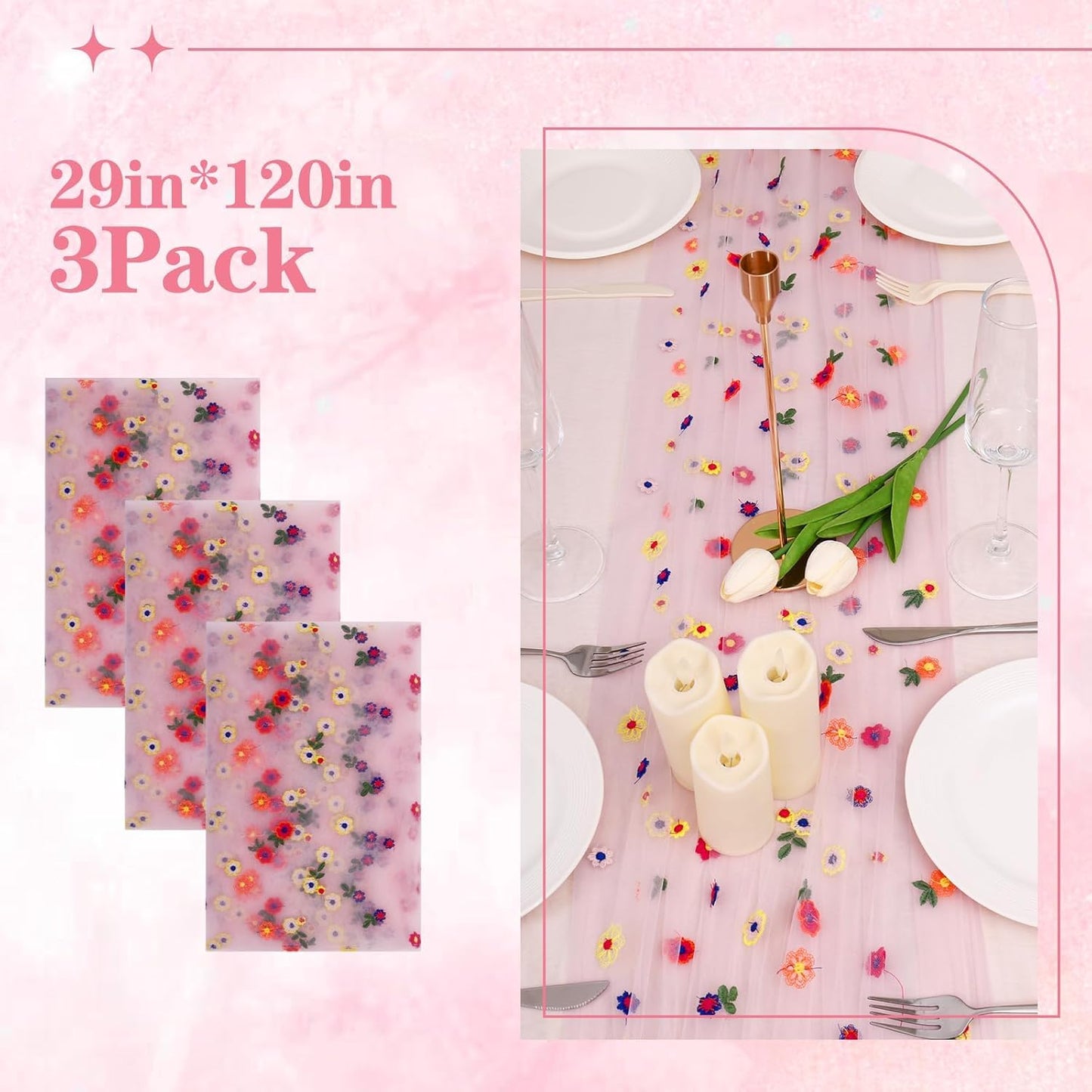 3PCS Pink Floral Table Runner 10 FT, Embroidery Daisy Table Runners Seasonal Sheer Tulle Table Runner for Thanksgiving Wedding Birthday Baby Shower Party