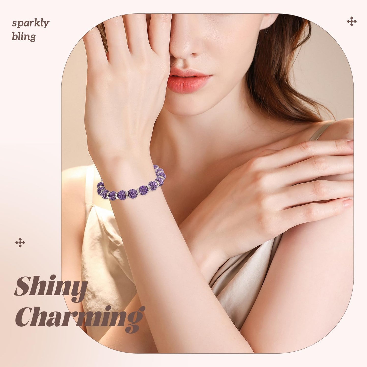 105pcs 10mm Rhinestone Beads for Jewelry Making, Purple Shiny Round Disco Ball Beads Bulk, Sparkle Crystal Clay Christmas for Bracelet Baseball Necklace Earring Crafting and DIY