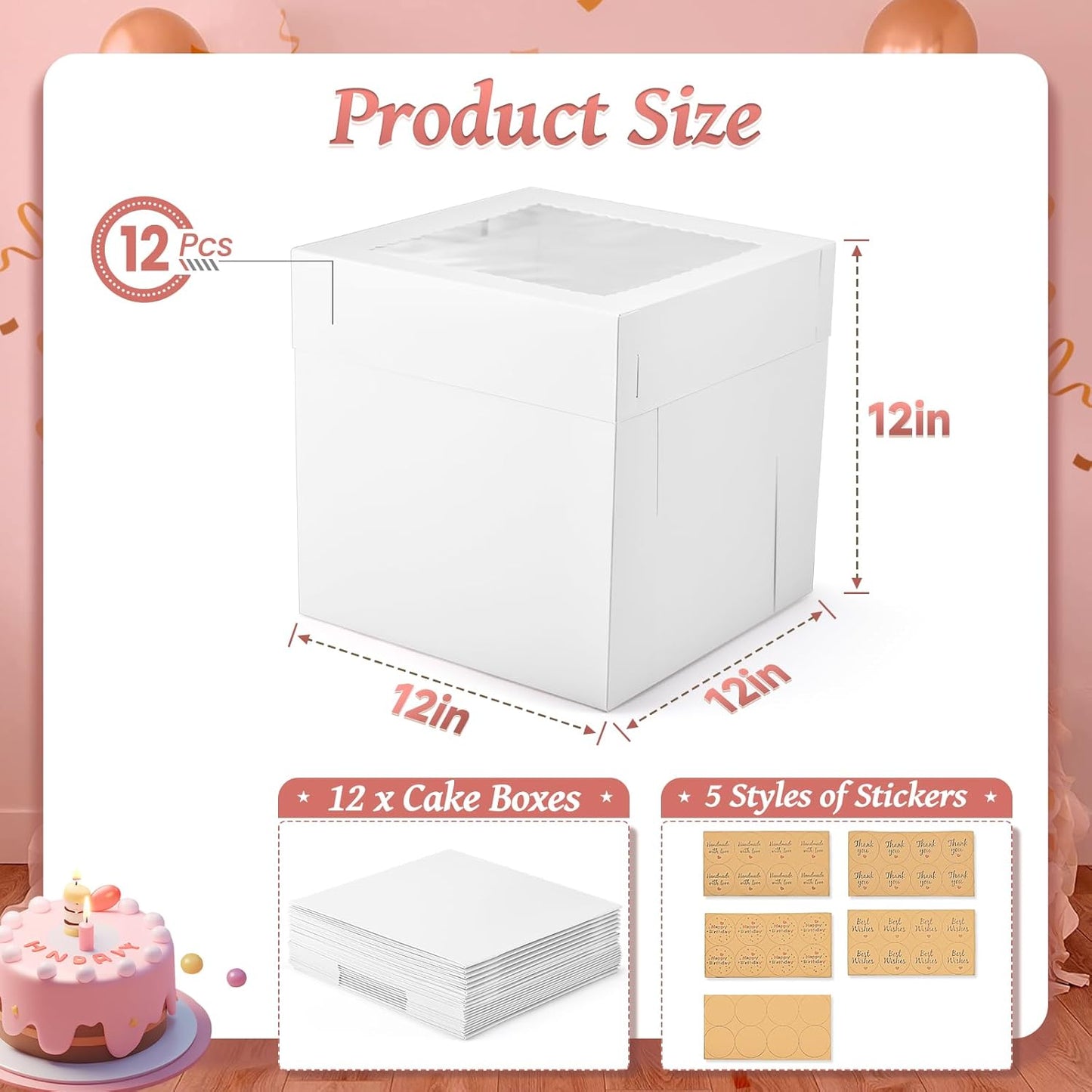 12Pcs Cake Boxes, 12x12x12 Inches Tall Cake Boxes with Window, White Square Disposable Cake Carrier Container for Multi-Layer Cakes Birthday Party Wedding Bakery Boxes