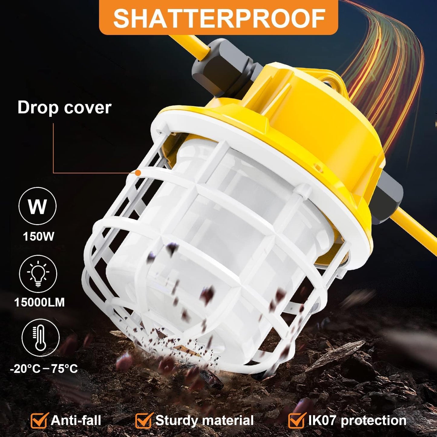 100ft LED Construction String Lights, 150W 15000LM Super Bright LED String Work Light, Construction Temporary Lights Apply to Renovation, Courtyard, Jobsite, and All Outdoor Lighting (100ft-10lights)