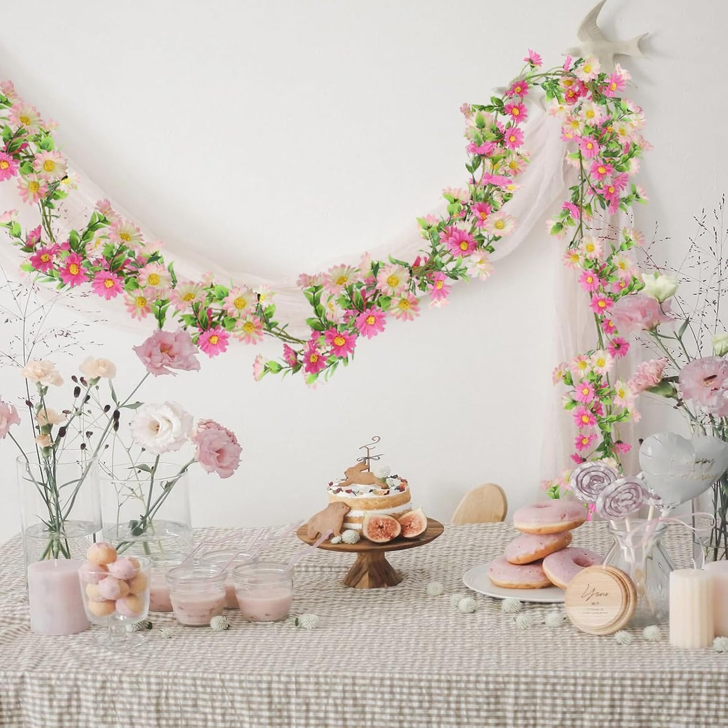 2 Pack Pink Flower Garland Daisy Flowers Silk Artificial Wildflower 13ft Wedding Floral Garland Fake Hanging Vines for Party Decoration Wall Backdrop Table Runner Indoor Outdoor Decor Multicolored