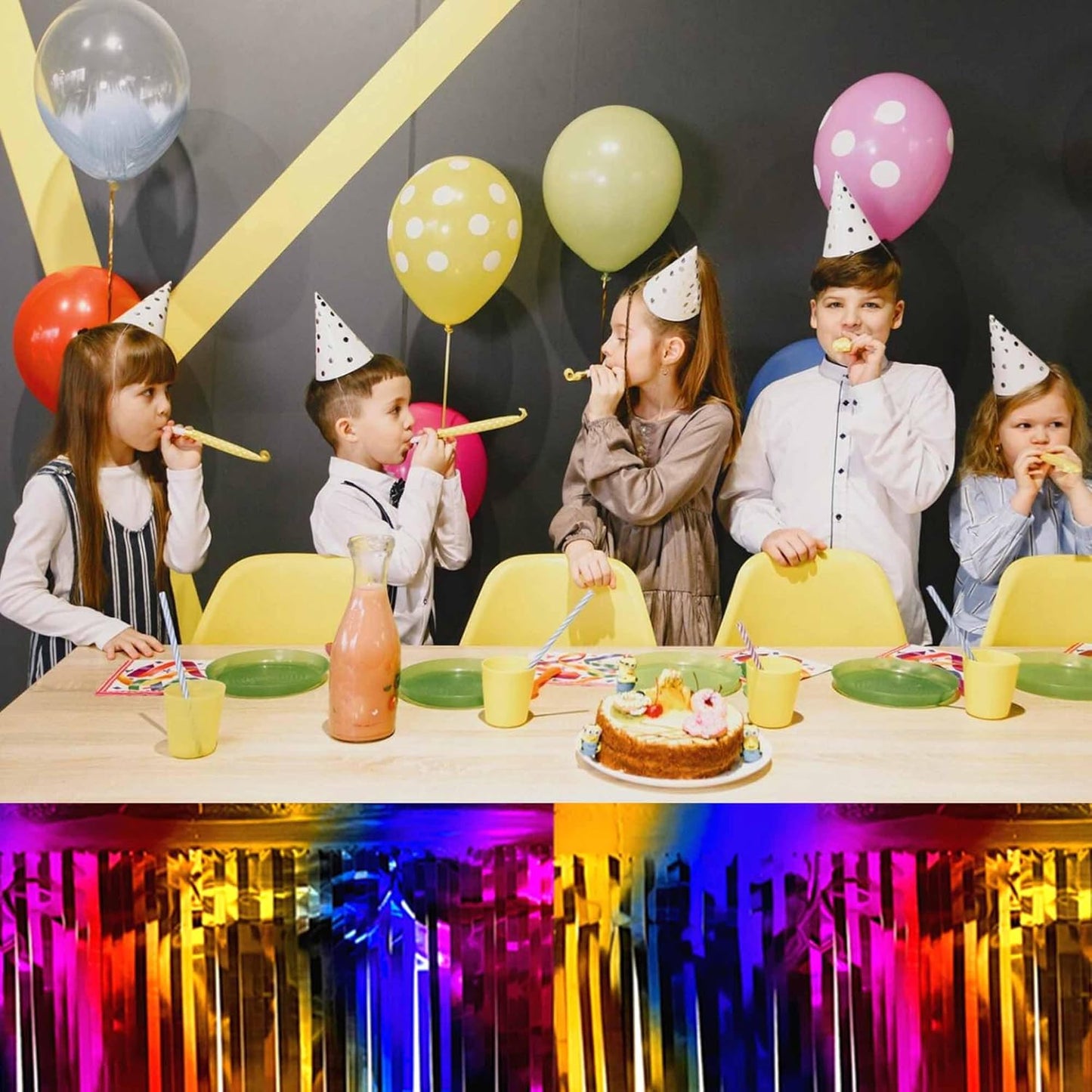 3 Pack 29 x108 Inch Rainbow Foil Fringe Table Skirts Metallic Banner for Tinsel Streamer Garland Backdrop for Parade Floats Mother's Day, Graduate, Birthday, Wedding Party Decoration