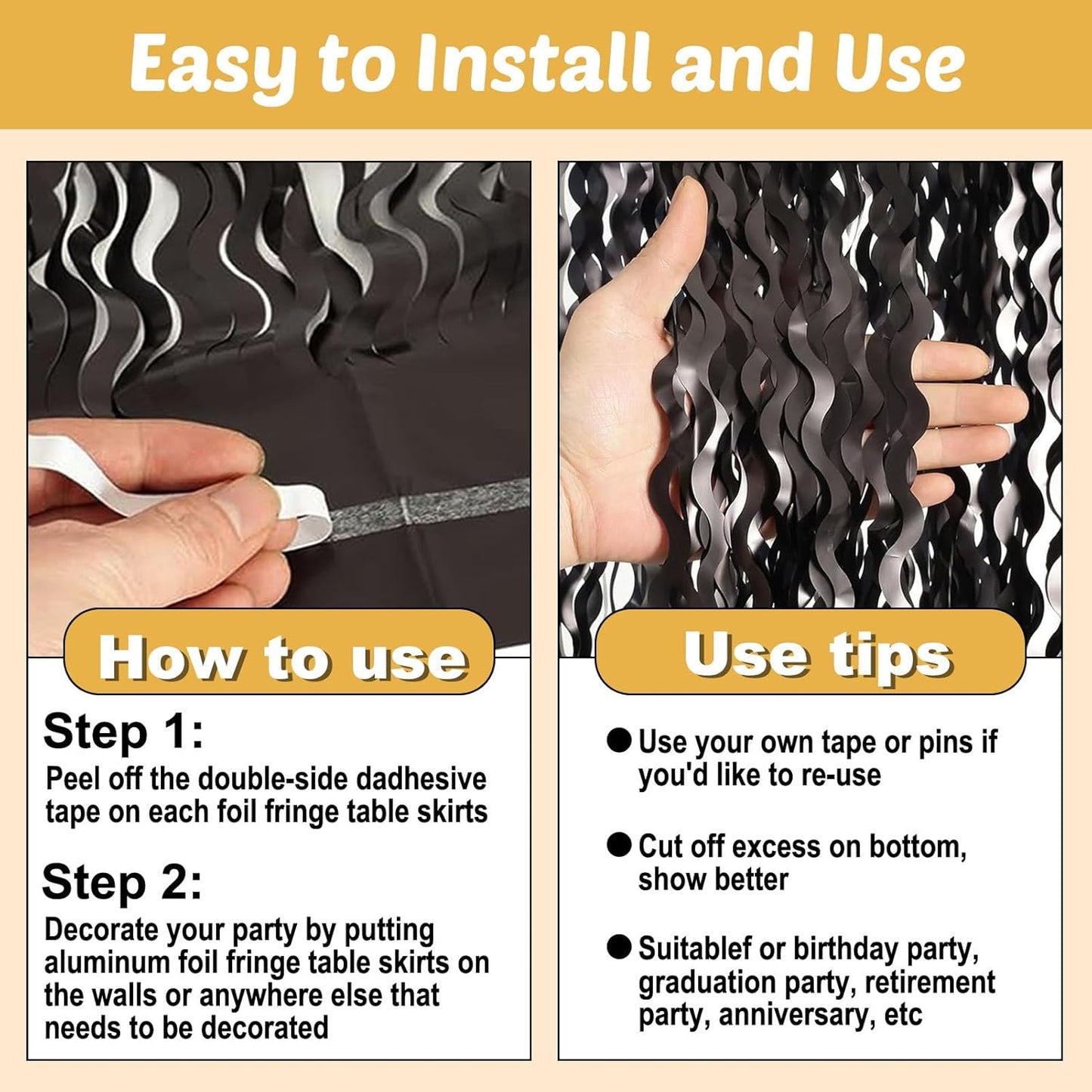 6 Pack 29x108 Inch Black Wave Foil Fringe Table Skirts Metallic Banner for Tinsel Streamer Garland Backdrop for Parade Floats Wedding, Mother's Day, Birthday Mardi Gras Party Decorations