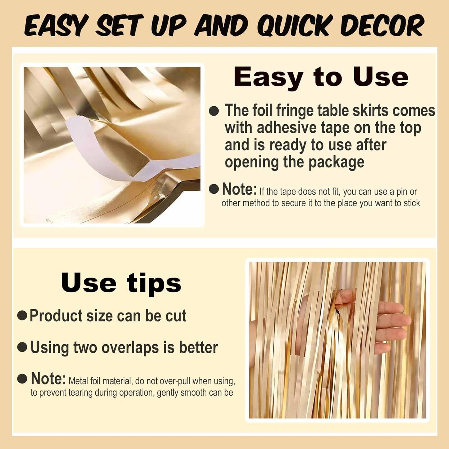 3 Pack 29 x108 Inch Champagne Gold Foil Fringe Table Skirts Metallic Banner for Tinsel Streamer Garland Backdrop for Parade Floats Mother's Day, Graduate, Birthday, Wedding Party Decoration