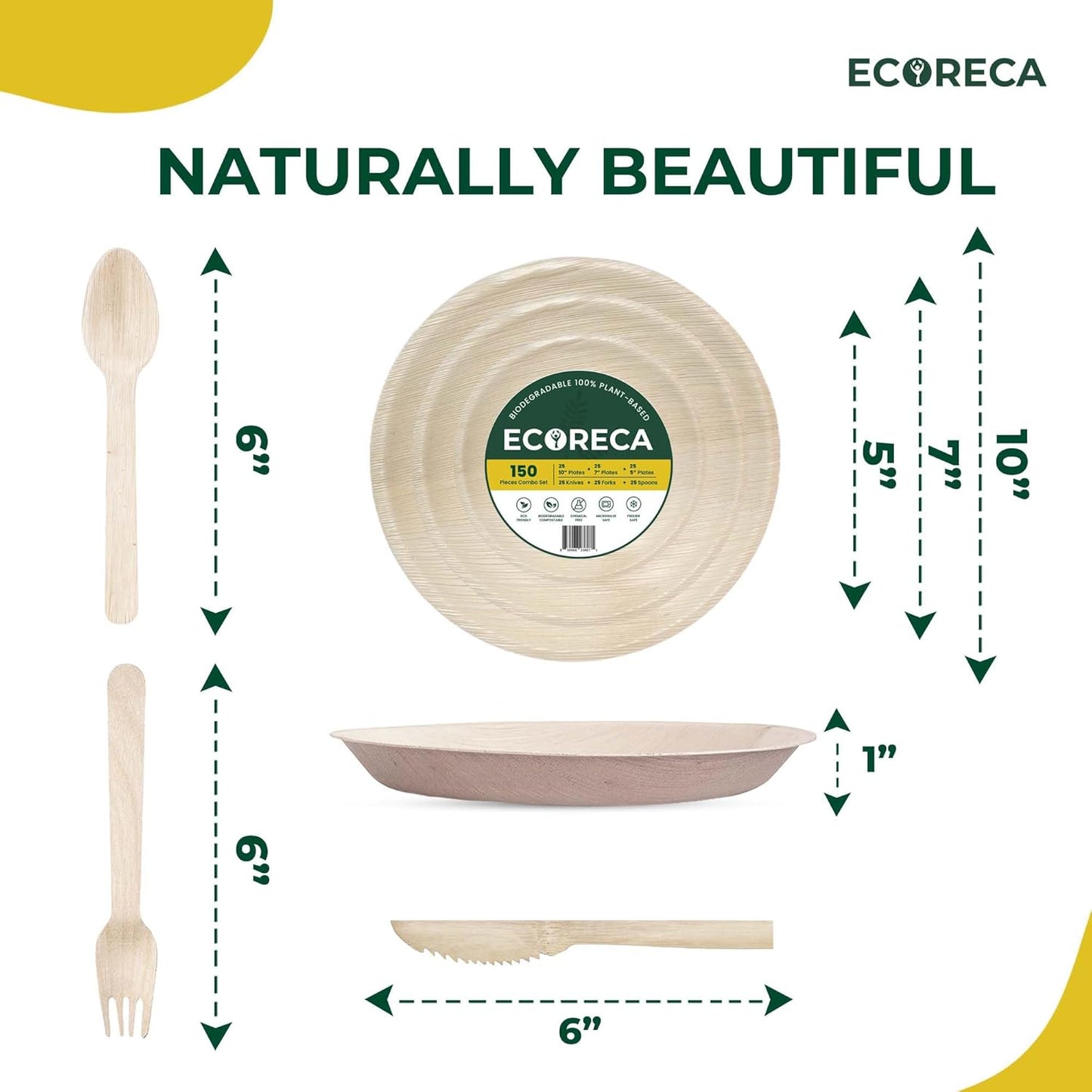 150-Piece Biodegradable Palm Leaf Dinnerware Set | 10", 7", 5” Inch Round Plates |Eco-Friendly Disposable Plates & Cutlery for 25 Guests Forks, Knives & Spoons for Wedding, Parties, BBQ