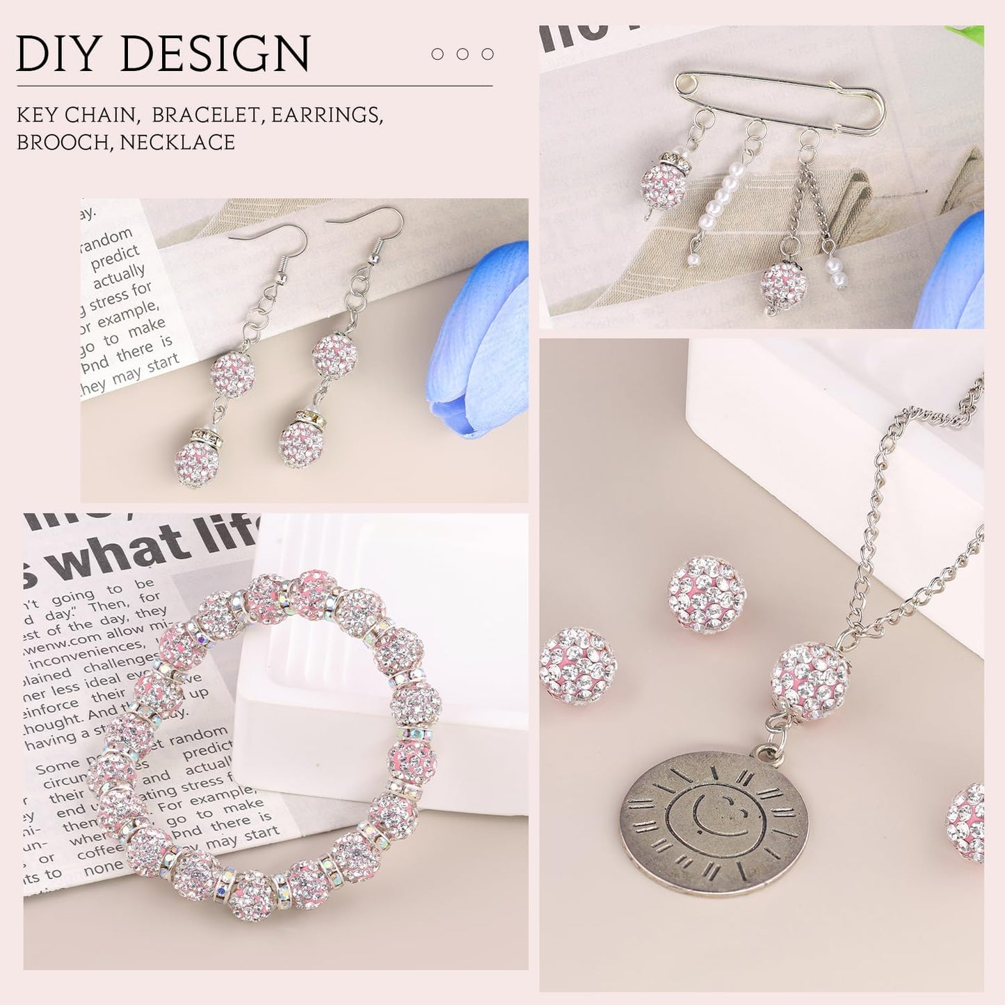 100pcs 10mm Rhinestone Beads for Jewelry Making, Pink White Shiny Round Shamballa Disco Ball Beads Bulk, Sparkle Crystal Clay Christmas for Bracelet Baseball Necklace Earring Crafting and DIY